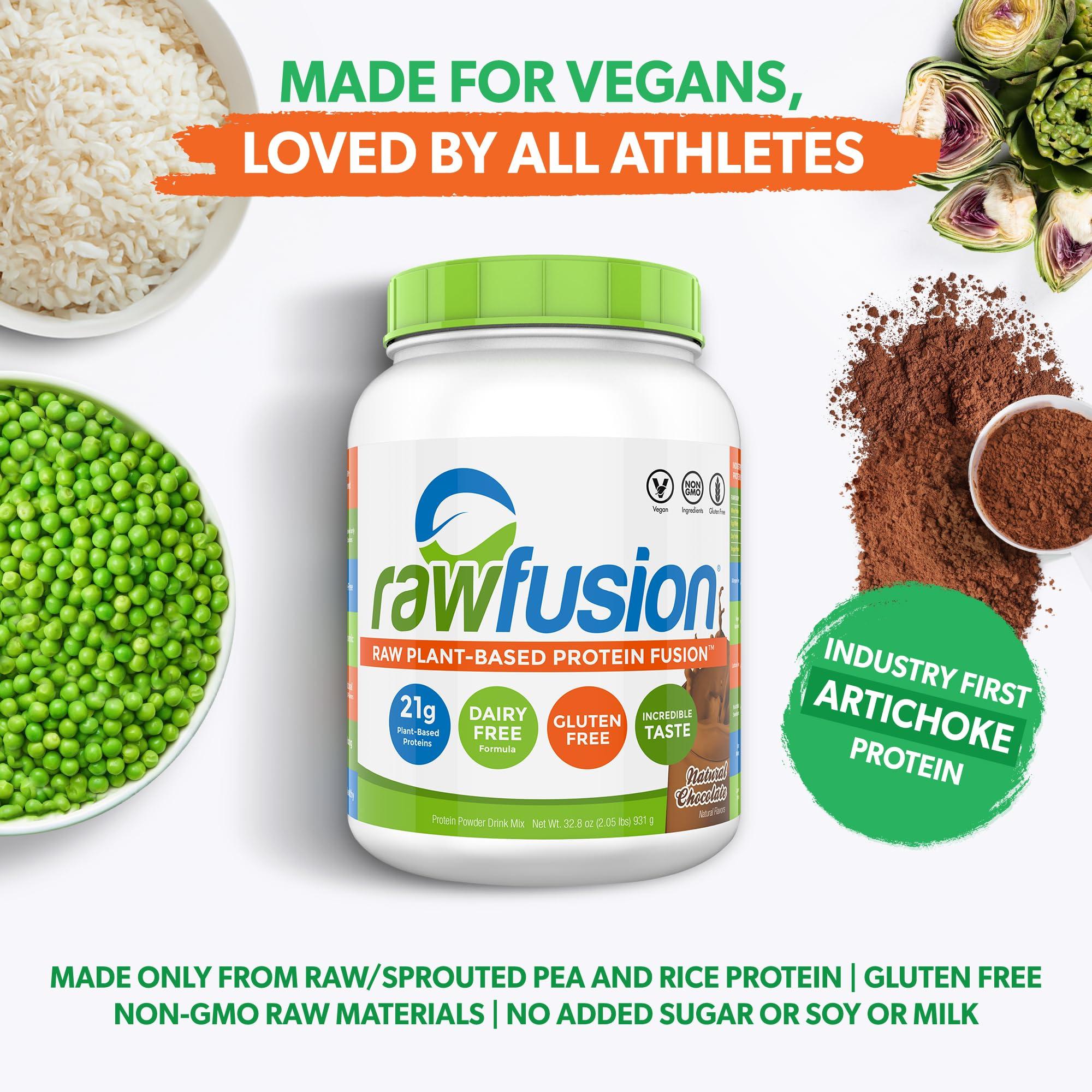 SAN Rawfusion- Vegan Protein Powder, Natural Chocolate - 30 Servings, 21g of Plant Based Protein, Low Net Carbs, Non-Dairy, Gluten/Lactose Free, Soy Free, Kosher, Non-GMO, 2lbs Pound
