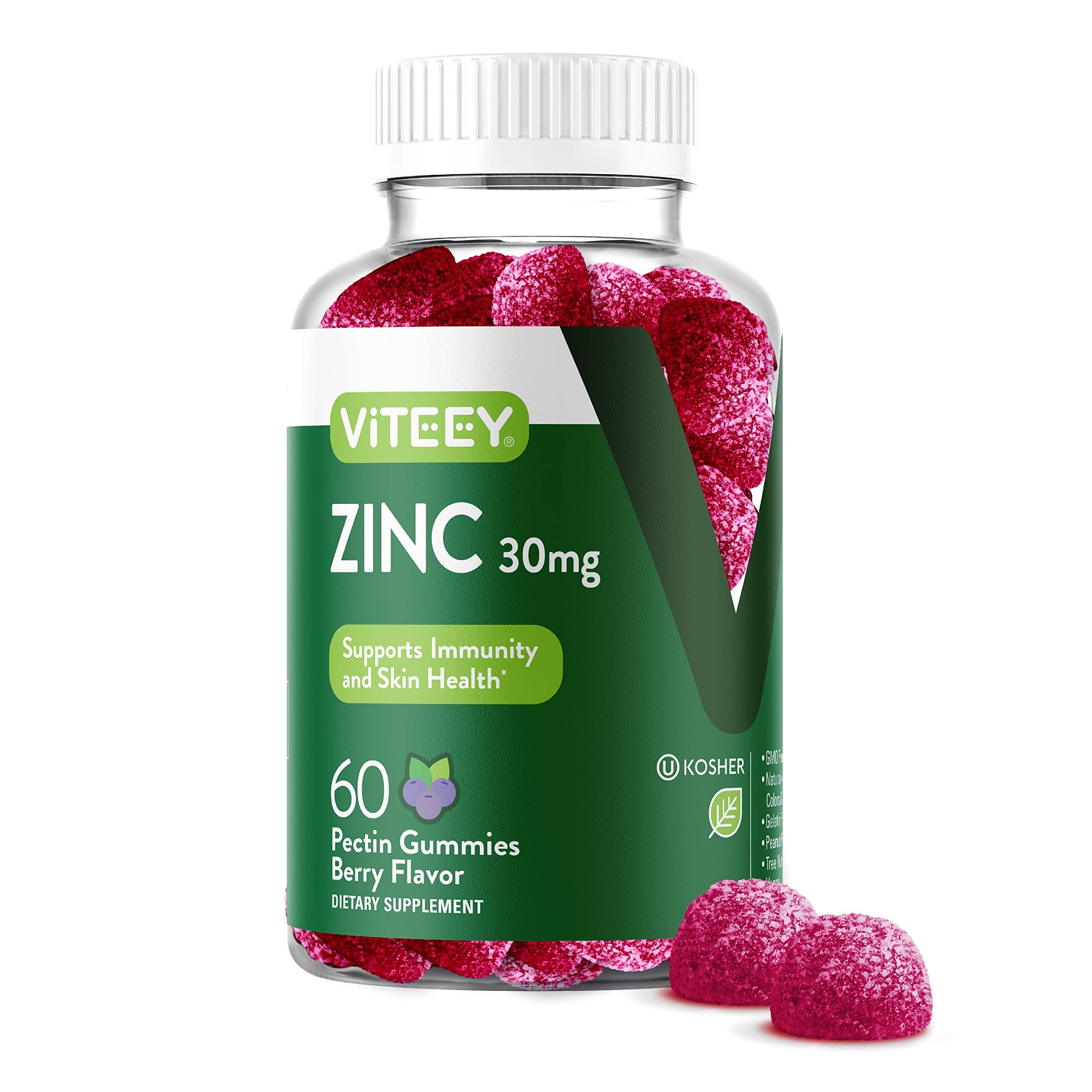 Viteey Zinc Gummies Adult & Teens - 30mg - Immune Health Support & Antioxidant Support - Vitamin Zinc Supplement - Vegan, Gelatin Free, GMO Free - Tasty Chewable Berry Flavored Gummy