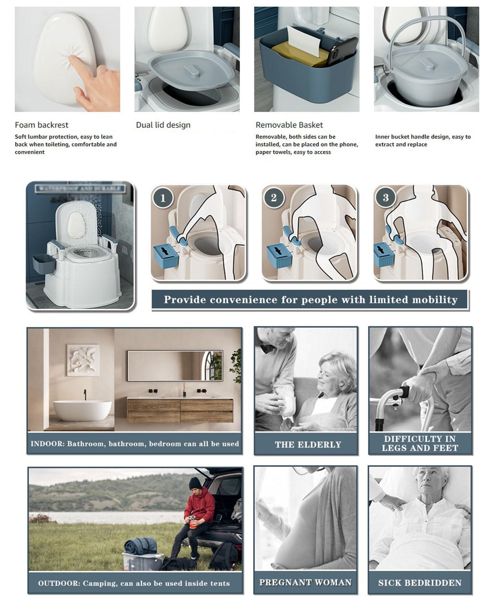 lwjunmm Bedside Commode Upgraded Portable Toilet for Adults with Armrests Height Adjustable Indoor Outdoor Commode for Elderly, Disabled, Adult, Kids, Rv, Boat(Blue liftable) ,HeightenedModel-blue-Room+toilet