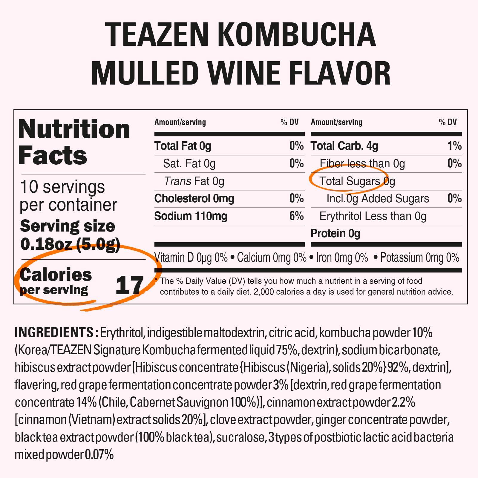 TEAZEN TEAZEN Mulled Wine Kombucha Tea, Spice Tea, Live Probiotics & Postbiotics, Relaxation and Warmth for Colds and Sore Throat, Electrolyte & Hydration Drink Mix, Sugar Free, 10 Sticks, 1.76oz