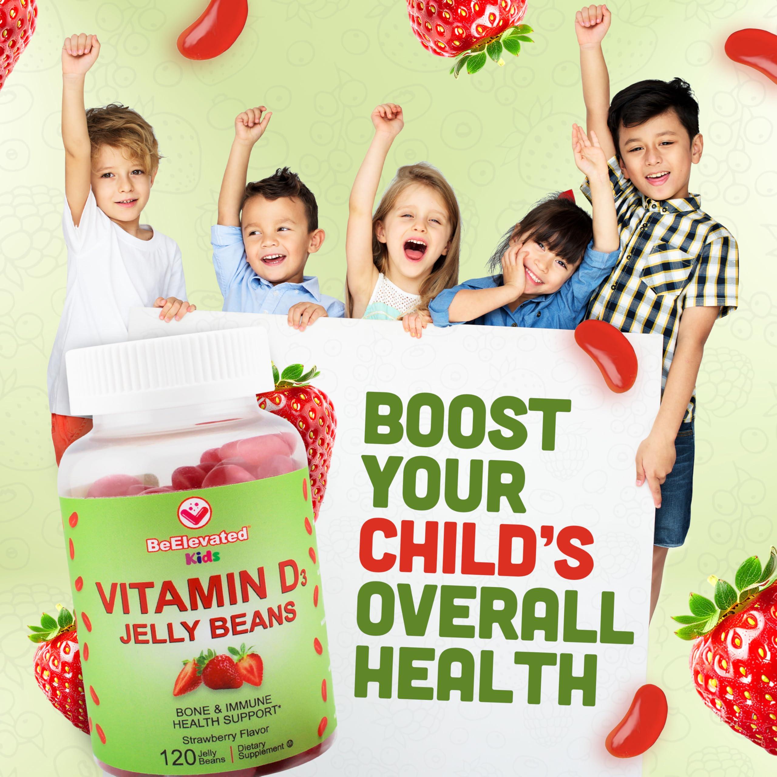 BeElevated BeElevated Vitamin D3 Jelly Beans - Chewable Vitamins Gummies for Kids Immune Support - Multivitamin Supplements for Bone & Joint Support - 2,000 IU Vegetarian Gummy - 120 Strawberry Flavor Beans