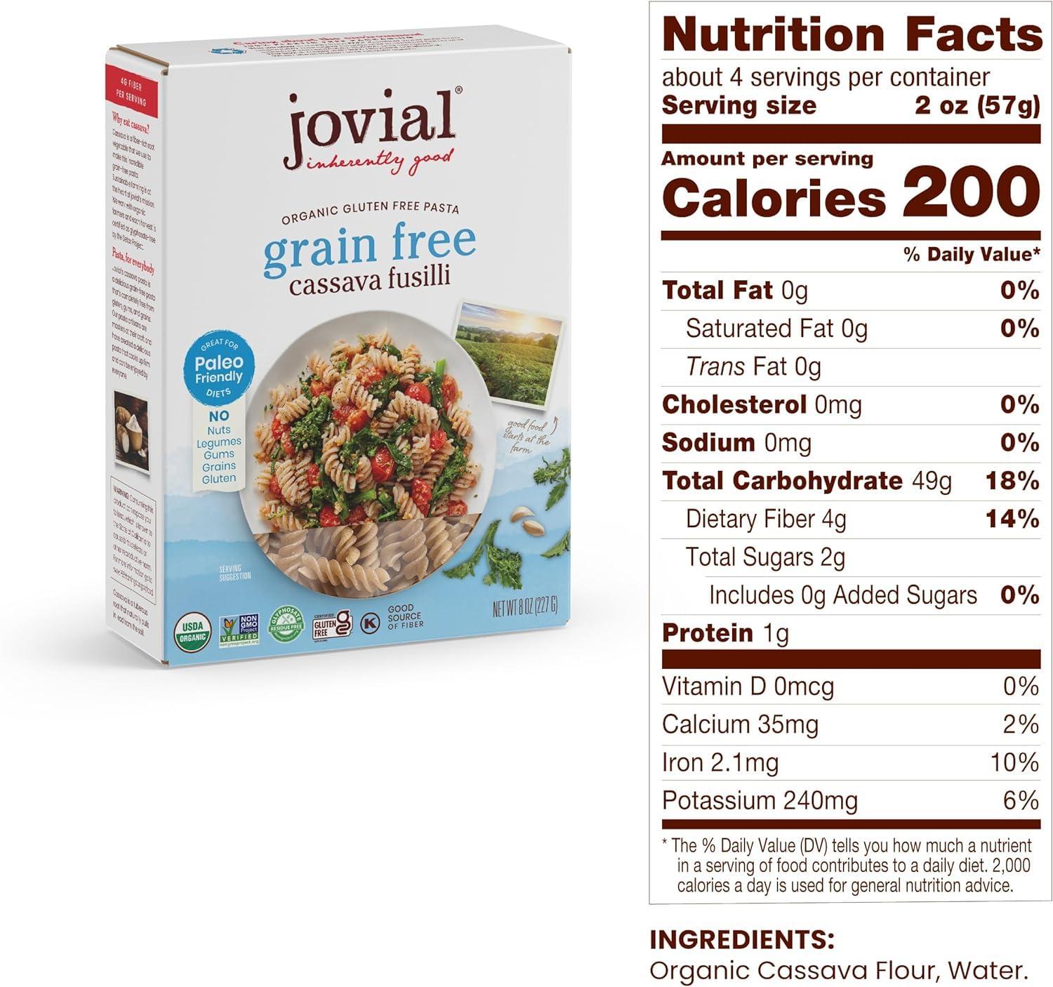 Jovial Jovial Grain-Free Cassava Fusilli - Cassava Fusilli Pasta, Paleo Friendly Pasta, Grain-Free, Certified Gluten-Free, USDA Certified Organic, Non-GMO, High-Fiber - 8 Oz (Pack of 6)