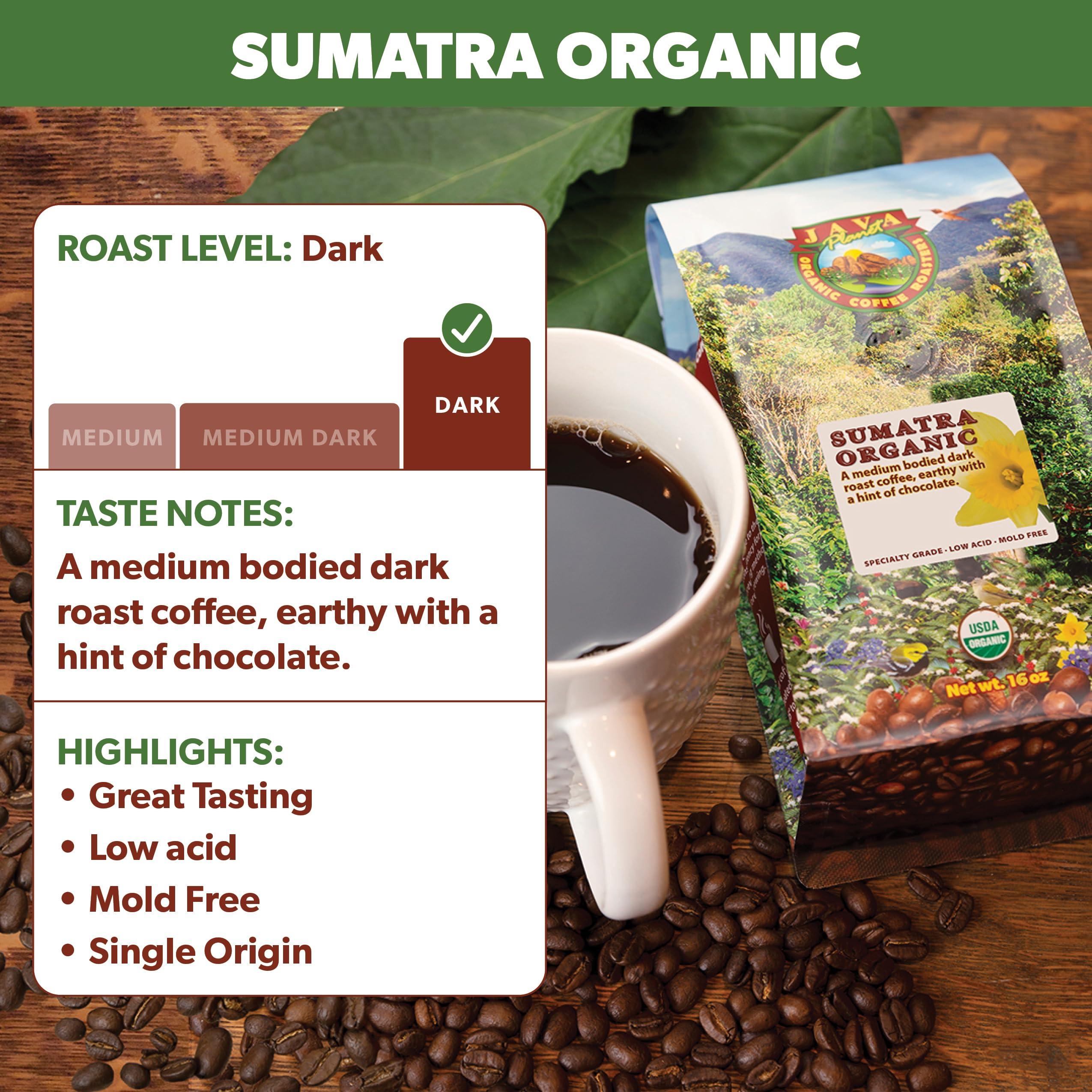 Java Planet Organic Coffee Roasters Java Planet Organic, Sumatra Single Origin Dark Roast, Smooth Full Flavored Organic Coffee Beans, Low Acid, Whole Bean Coffee Two 1LB Bags