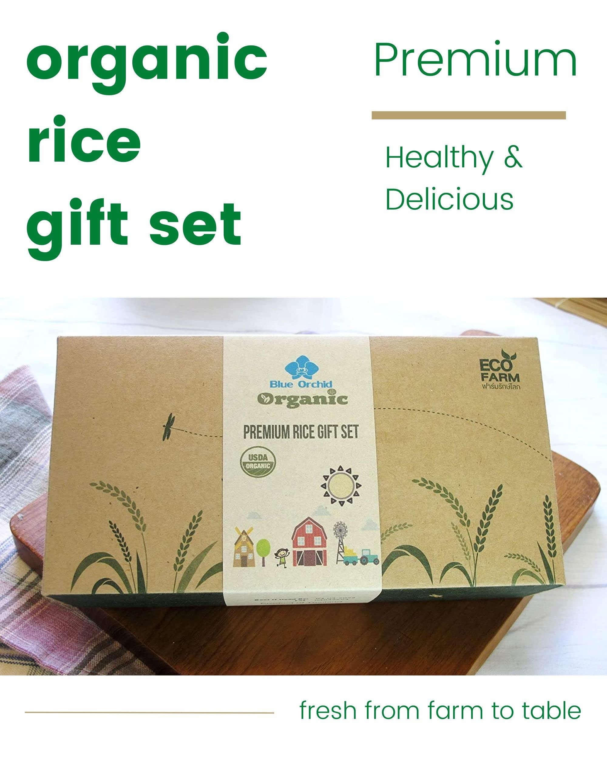 Blue Orchid Organic Organic Thai Jasmine Rice Gift Set - Medley Rice 4 Kinds - Brown Jasmine - Red Jasmine - Black Jasmine Riceberry - Mixed Jasmine Rice - 2 LB Eco Gift Set