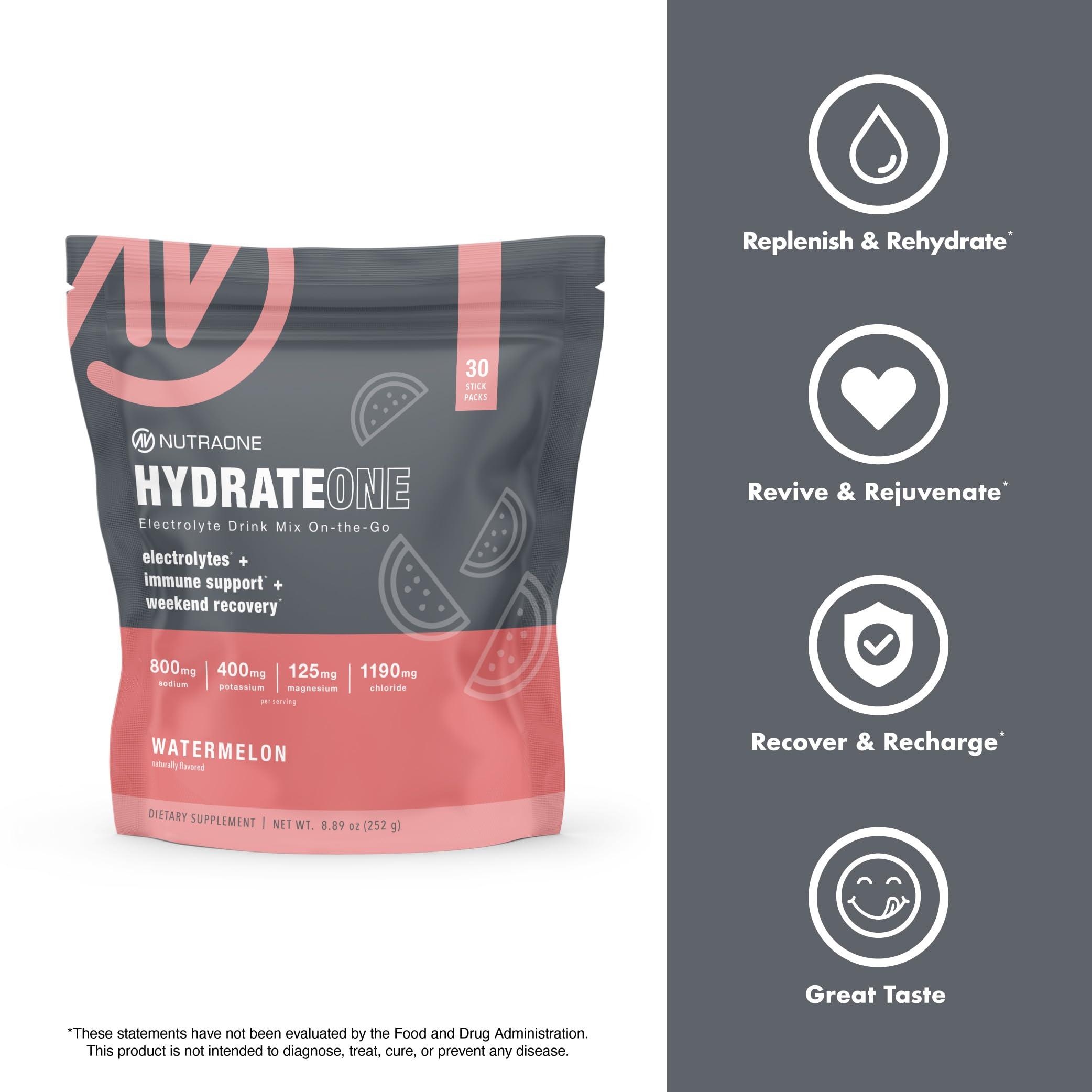 NutraOne HydrateOne, Electrolyte Drink Mix On-The-Go | Watermelon, 30 Servings
