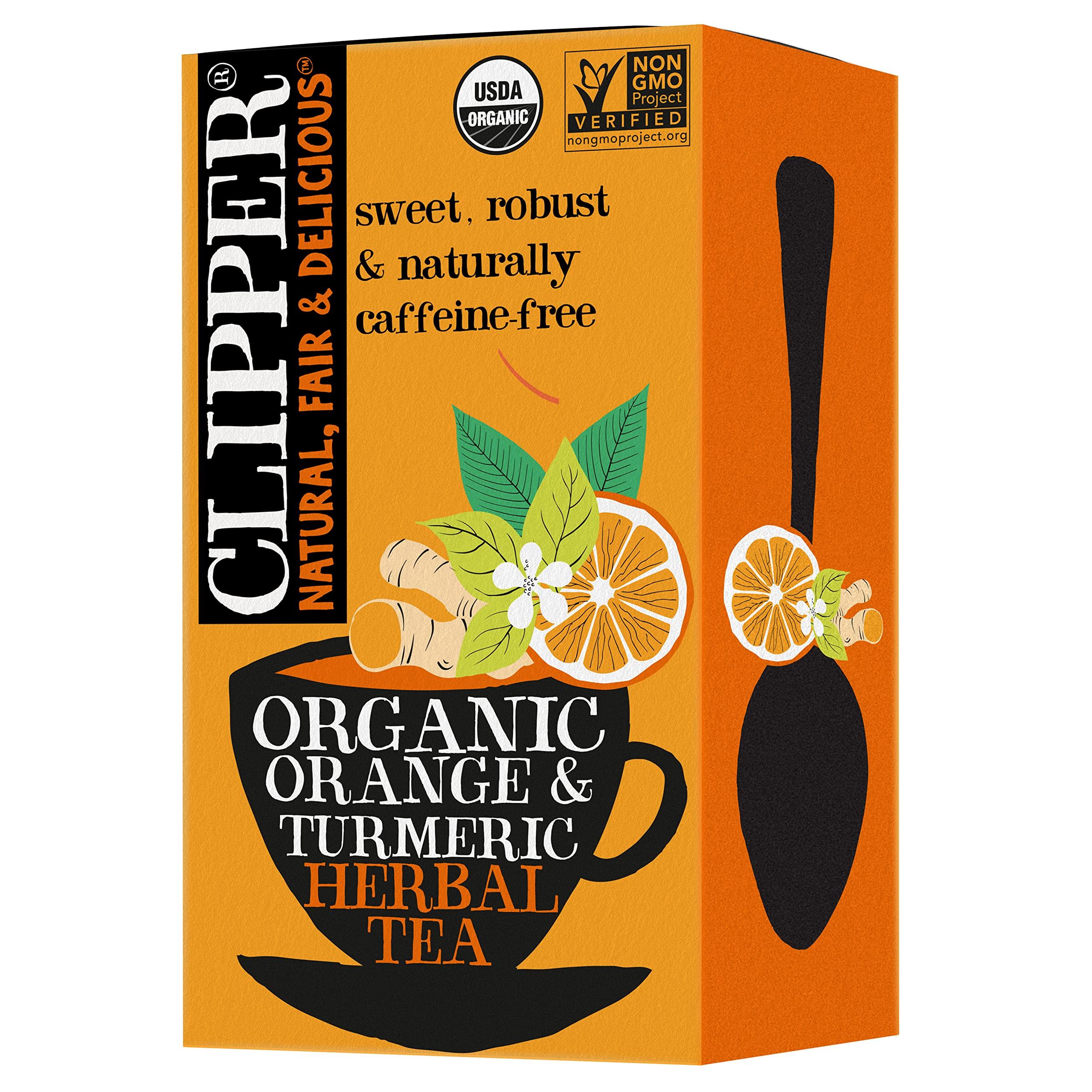 Clipper Natural, Fair & Delicious Clipper Tea, Orange & Turmeric, Organic Tea with Licorice Root, Orange Peel and Hibiscus, Plant Based Herbal Tea, Caffeine Free British Tea, 1 Pack, 20 Unbleached Tea Bags
