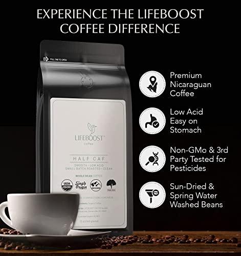 LIFEBOOST Lifeboost Coffee Half Caff Whole Bean Coffee - Low Acid Single Origin USDA Organic Coffee - Non-GMO Whole Bean Coffee Third Party Tested For Mycotoxins & Pesticides - 12 Ounces
