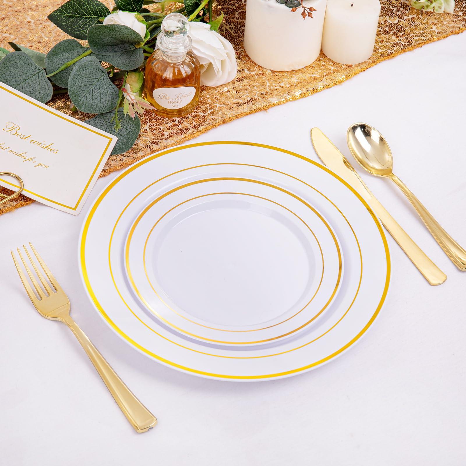 I00000 200 Pcs Gold Plastic Plates - Disposable Party Plates, Gold Plates Disposable Include 100 Dinner Plates and 100 Elegant Dessert Plates, Plastic Plates for Party, Holiday, Wedding & Birthday