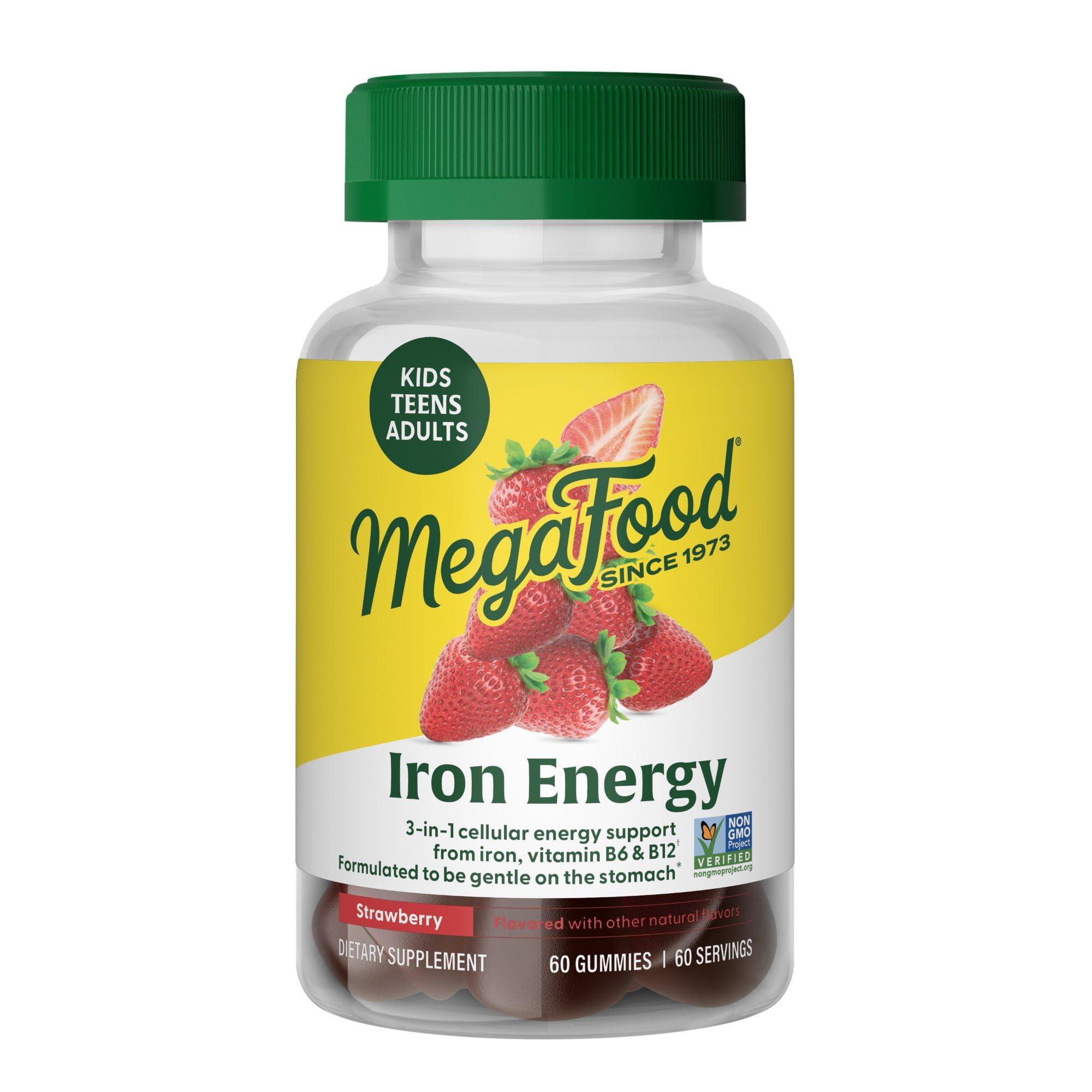MegaFood MegaFood Iron Energy Gummies - Vegan & Gluten-Free Iron Supplement for Women, Men, Teens & Kids with Vitamin B12 & B6, from The Makers of Blood Builder Iron Supplement, Strawberry Flavor - 60 Gummies