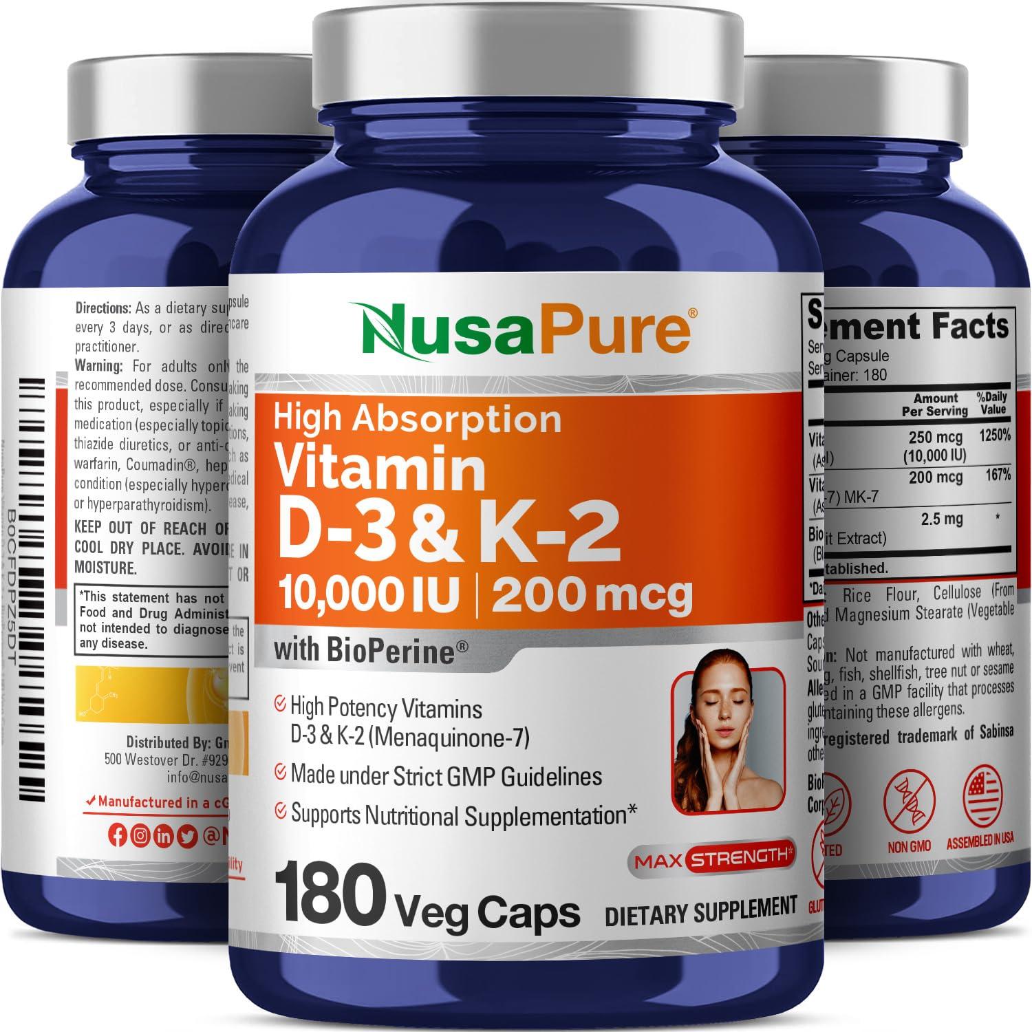 NusaPure NusaPure Vitamin K2 (MK7) (200mcg) + Vitamin D3 (10000 IU) 180 Veg Caps - Bioperine, Soyfree, Non-GMO