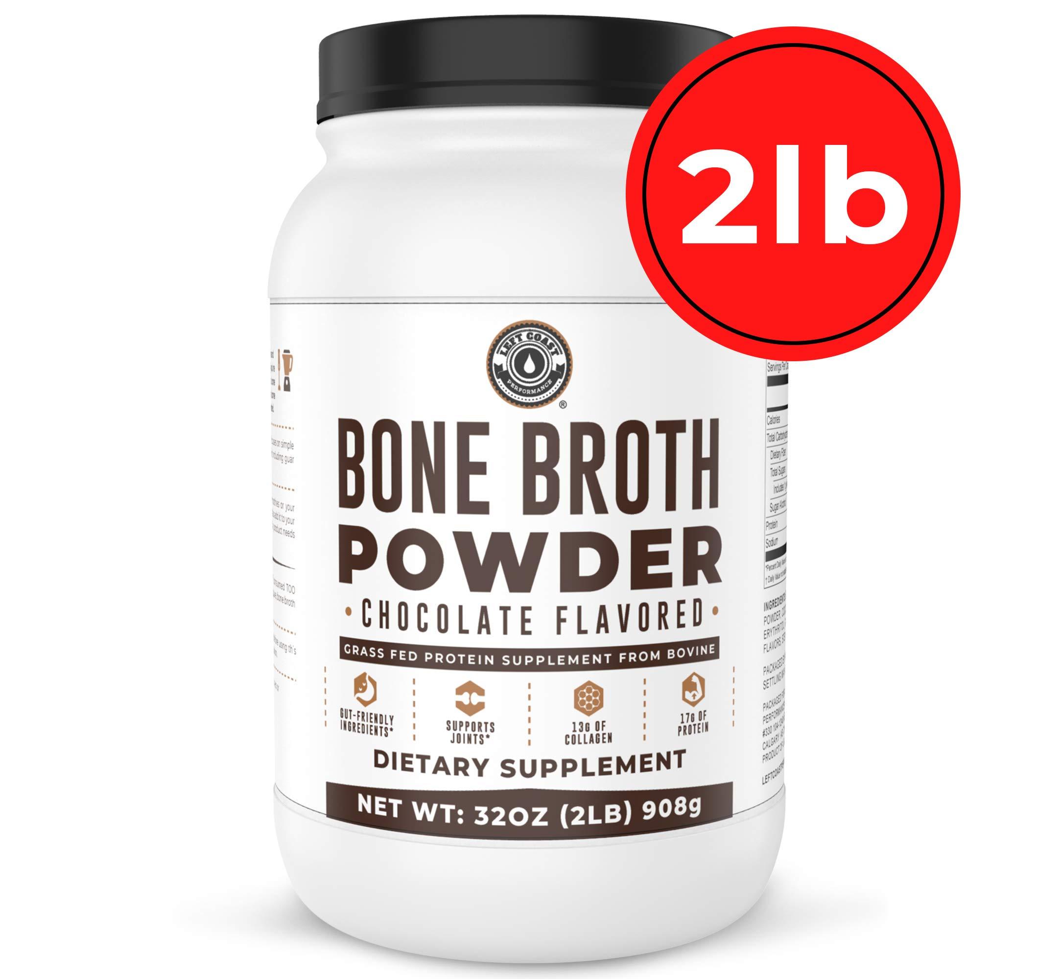 Left Coast Performance Bone Broth Protein Powder, Chocolate, Grass Fed 2lbs, 42 servings 17g protein, 13g Collagen. Low Carb, 2 net Carb, Dairy Free, Keto Friendly Bone Broth Protein Supplement with Collagen Types I & III