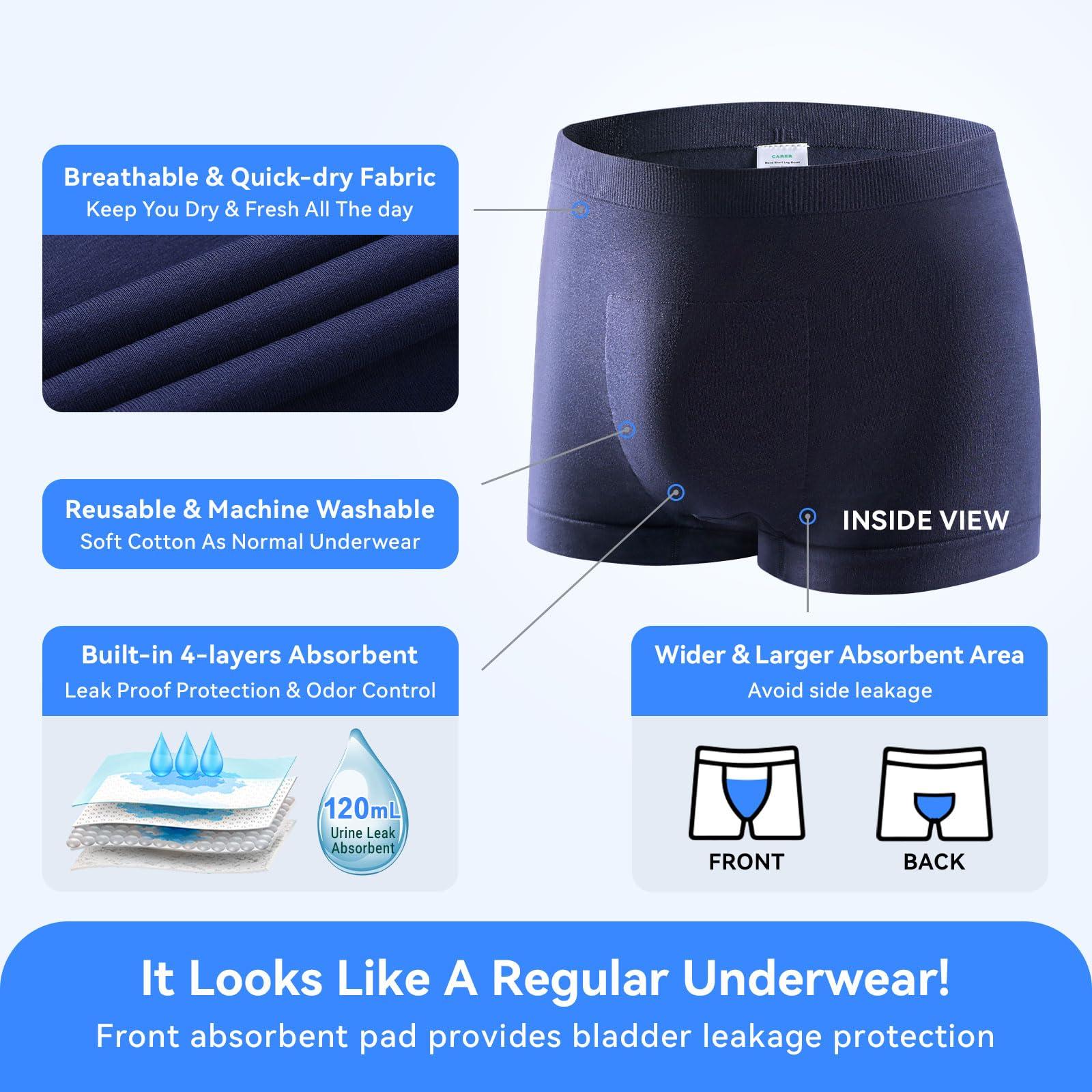 CARER Healthcare Incontinence Pregnancy Incontinence Underwear for Men Washable Mens Incontinence Underwear Reusable Modal Seamless Mens Urinary Incontinence Boxer Briefs Underwear with Front Absorbent Area, 2 Pack (Blue, X-Large)