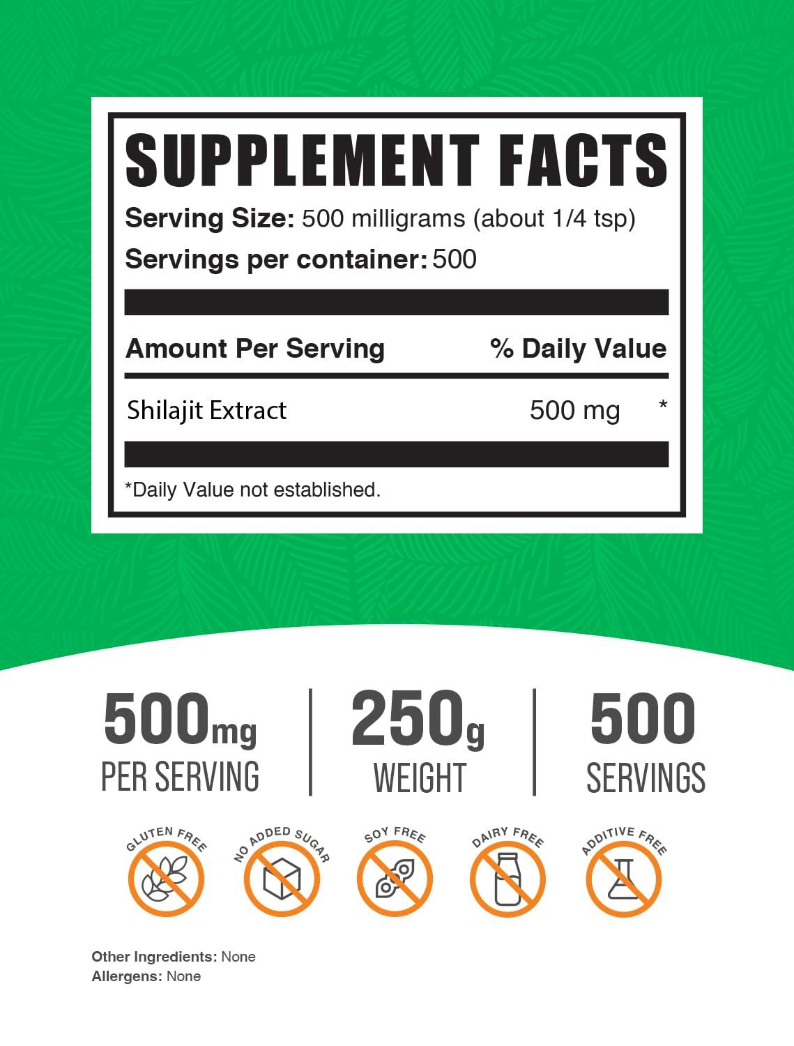 BulkSupplements BulkSupplements.com Shilajit Extract Powder - Fulvic Acid Supplement, Shilajit Supplement - Gluten Free, 500mg per Serving of Shilajit Powder, 250g (8.8 oz) (Pack of 1)