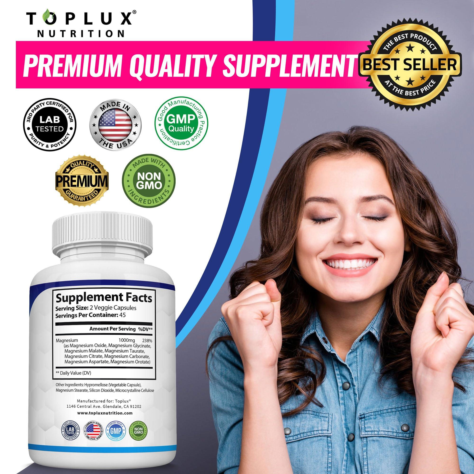 Toplux Magnesium Complex Supplement 8 Elemental Magnesium 1000mg - Magnesium Glycinate, Citrate, Malate, Taurate, Chelated for Easy Absorption for Bones, Muscle, Recovery, Energy, Vegan Non-GMO 90 Capsules