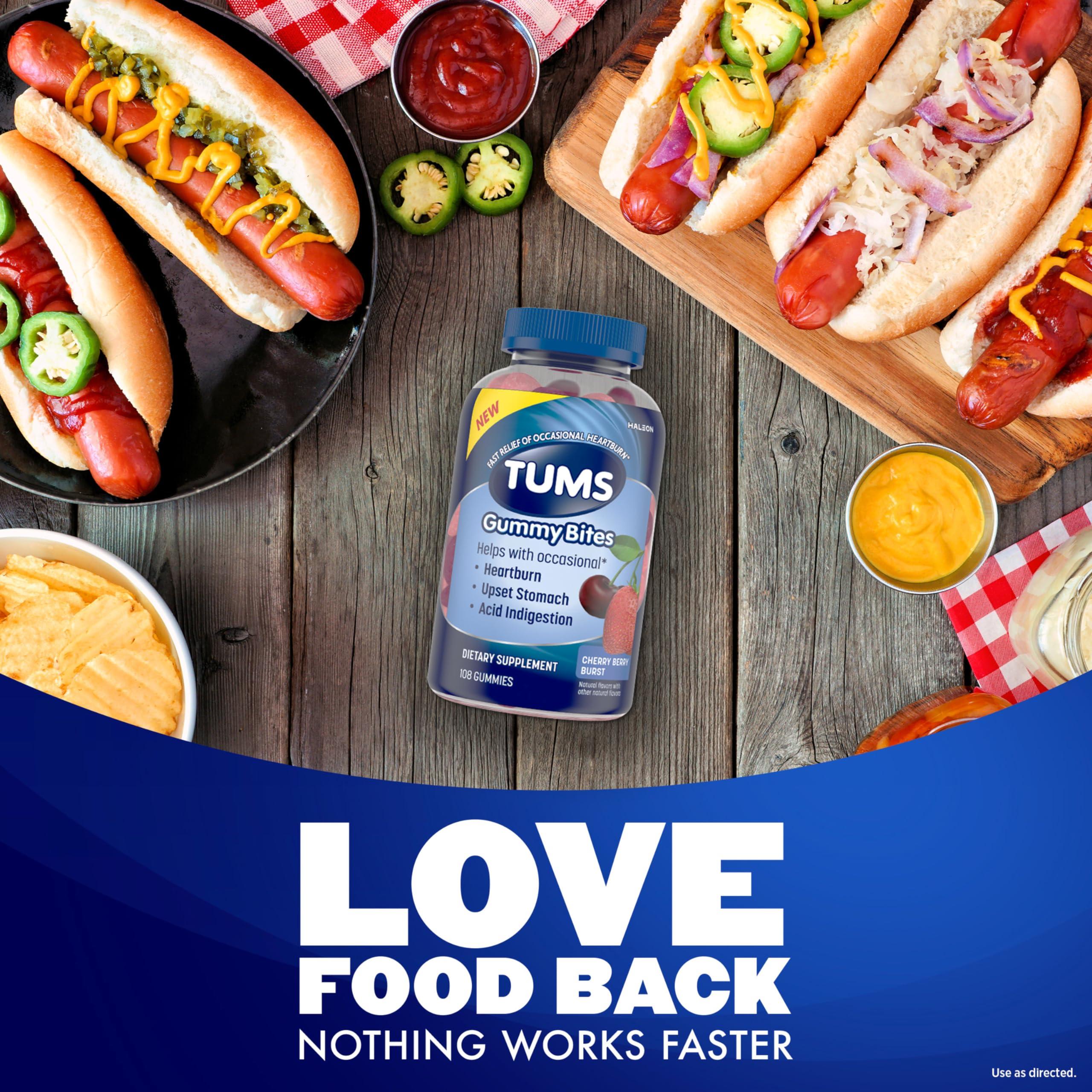 TUMS TUMS Gummy Bites Dietary Supplement for Occasional Heartburn Relief, Upset Stomach and Acid Indigestion, Great for a Summer BBQ - Cherry Berry Burst - 108 Count