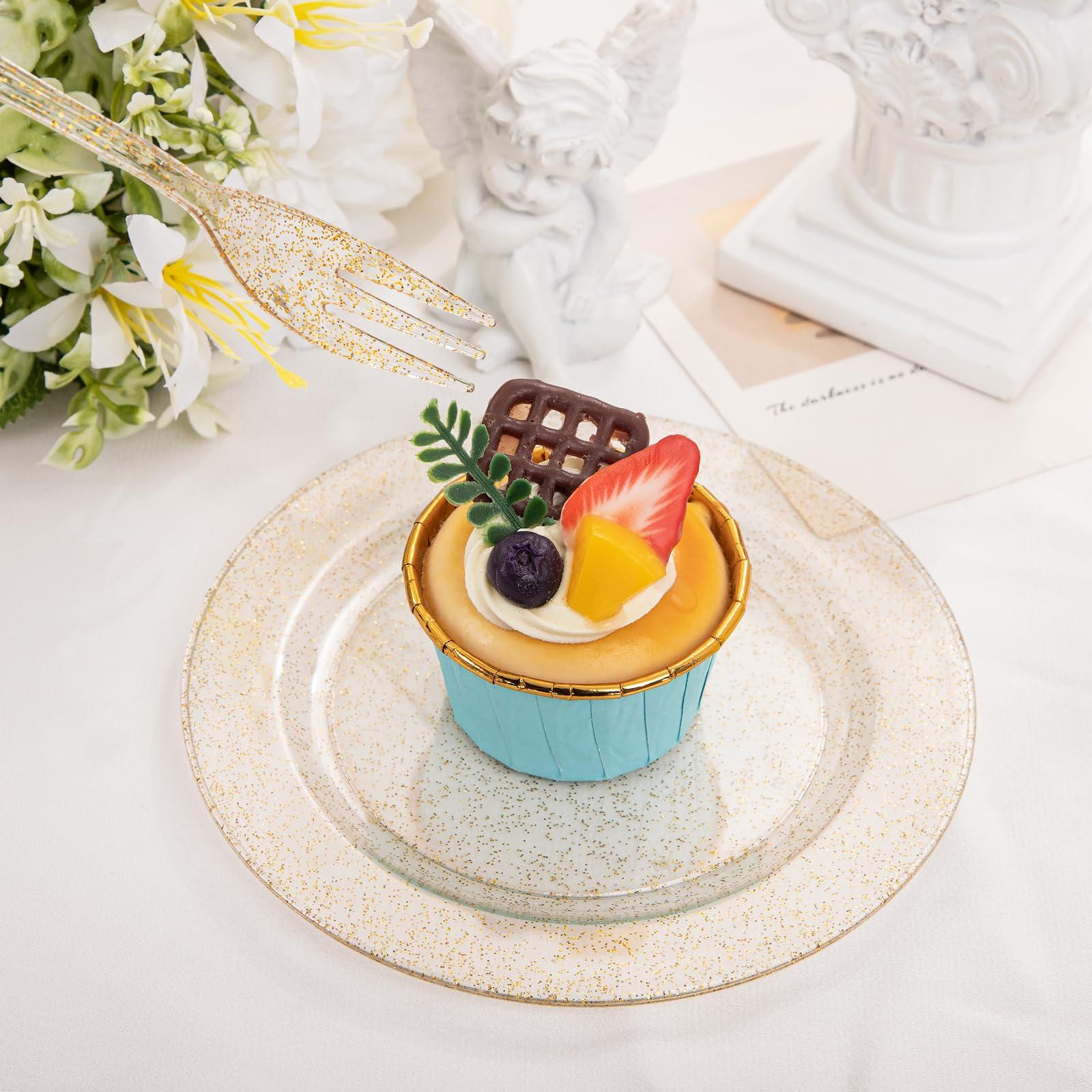 WELLIFE WELLIFE 60PCS Gold Glitter Dessert Plates and 60PCS Plastic Forks, 6.5 inch Disposable Dessert Plates for 60 Guests, Durable Gold Glitter Cake Plates, Perfect for Party