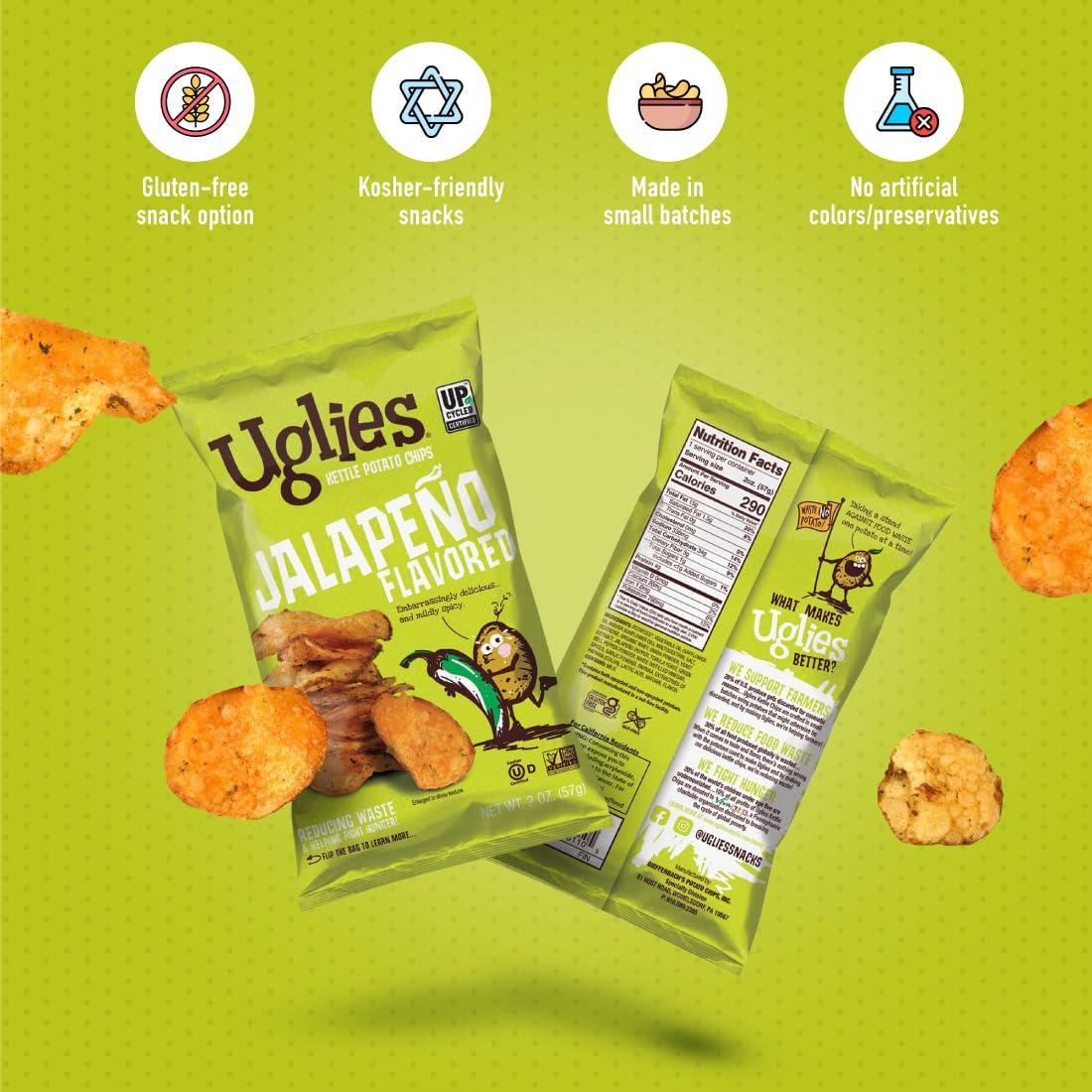Uglies UGLIES Jalapeno Kettle-Cooked Potato Chips, Gluten-Free Snacks, Kosher-Friendly Chips, Non-GMO Snacks for Kids or Office, Lunch Snacks, Individual Snack Packs, 2 Oz. Bags, Pack of 12