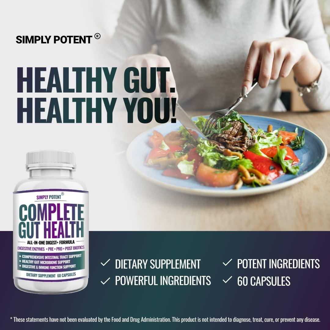 Simply Potent Complete Gut Health, Digestive Enzymes Plus Prebiotic, Probiotic & Post Biotic Gastrointestinal Support, Supports Gut Health & Immune Function, 60 Capsules