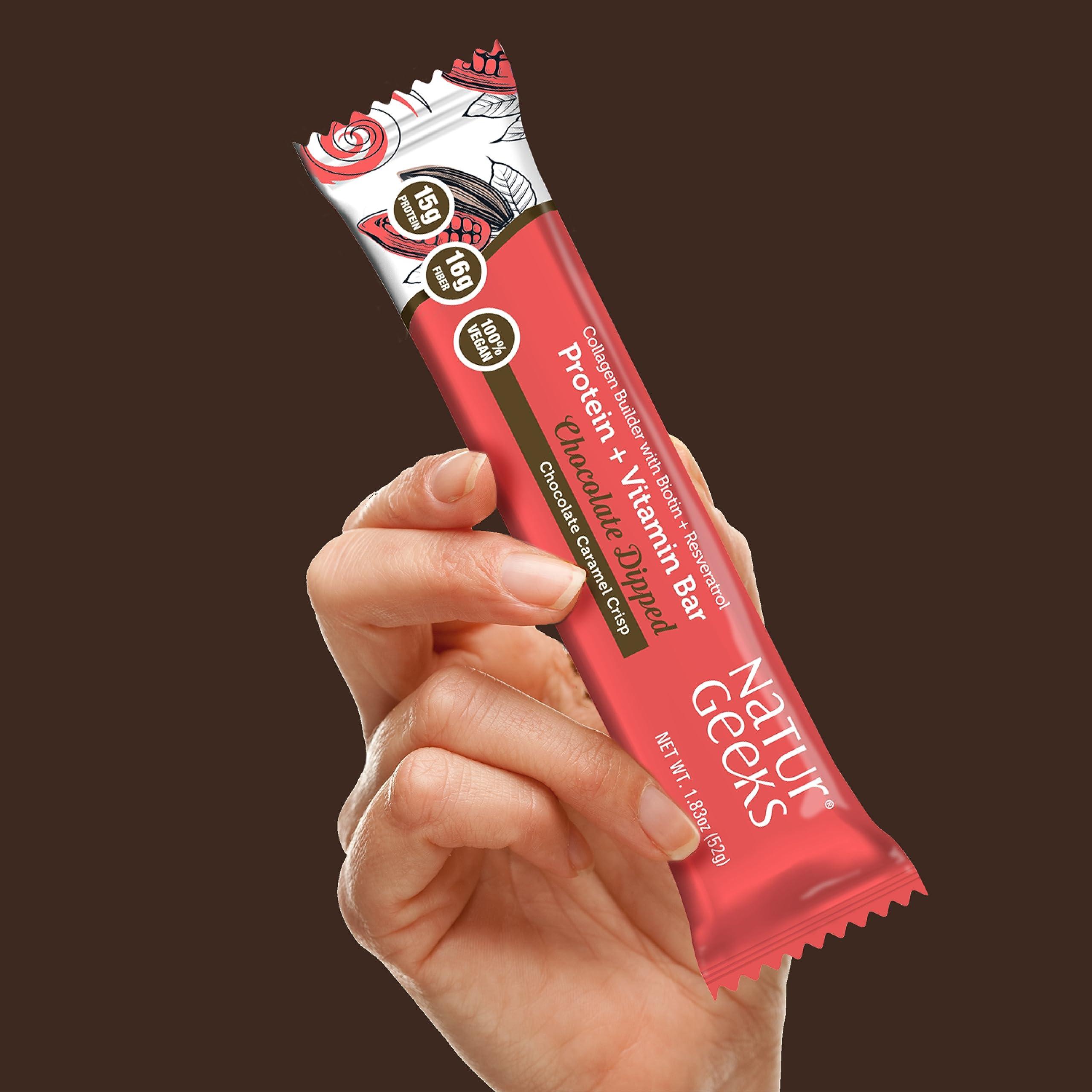 NaturGeeks NaturGeeks Vegan Protein Bars - Gluten-Free, Plant-Based Non-Dairy Healthy Snacks with No Added Sugar, Vitamins, Biotin & 15g High Protein for Meal Replacement Chocolate Caramel Crisp (12 Count)