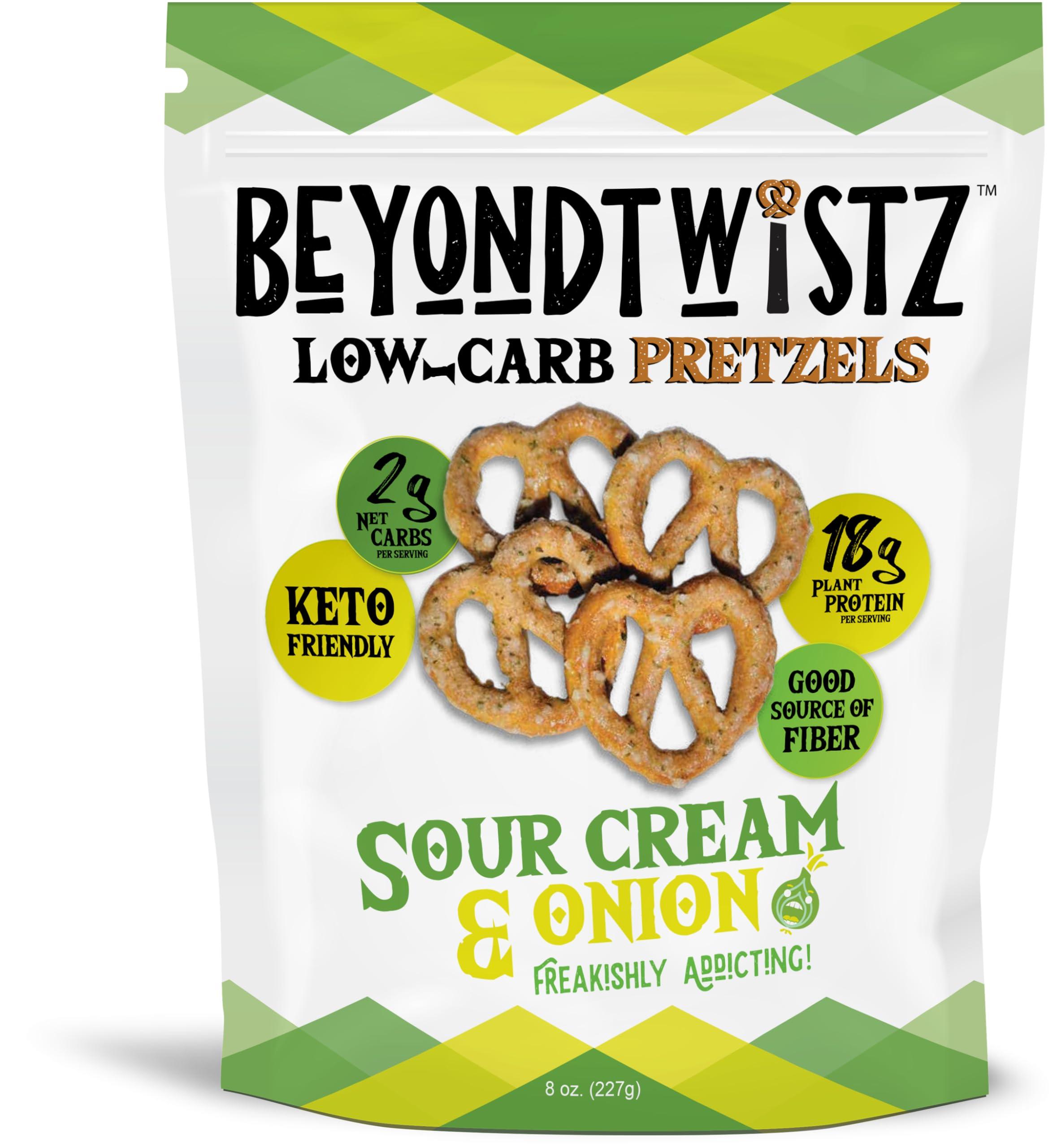BeyondChipz BeyondTwistz Low Carb Pretzels, Sour Cream and Onion, Keto Friendly, 2g Net Carbs, 18g Protein, Powered By HealthSense High Fiber Wheat Flour, Family Size 8oz Bag, Pack of 1