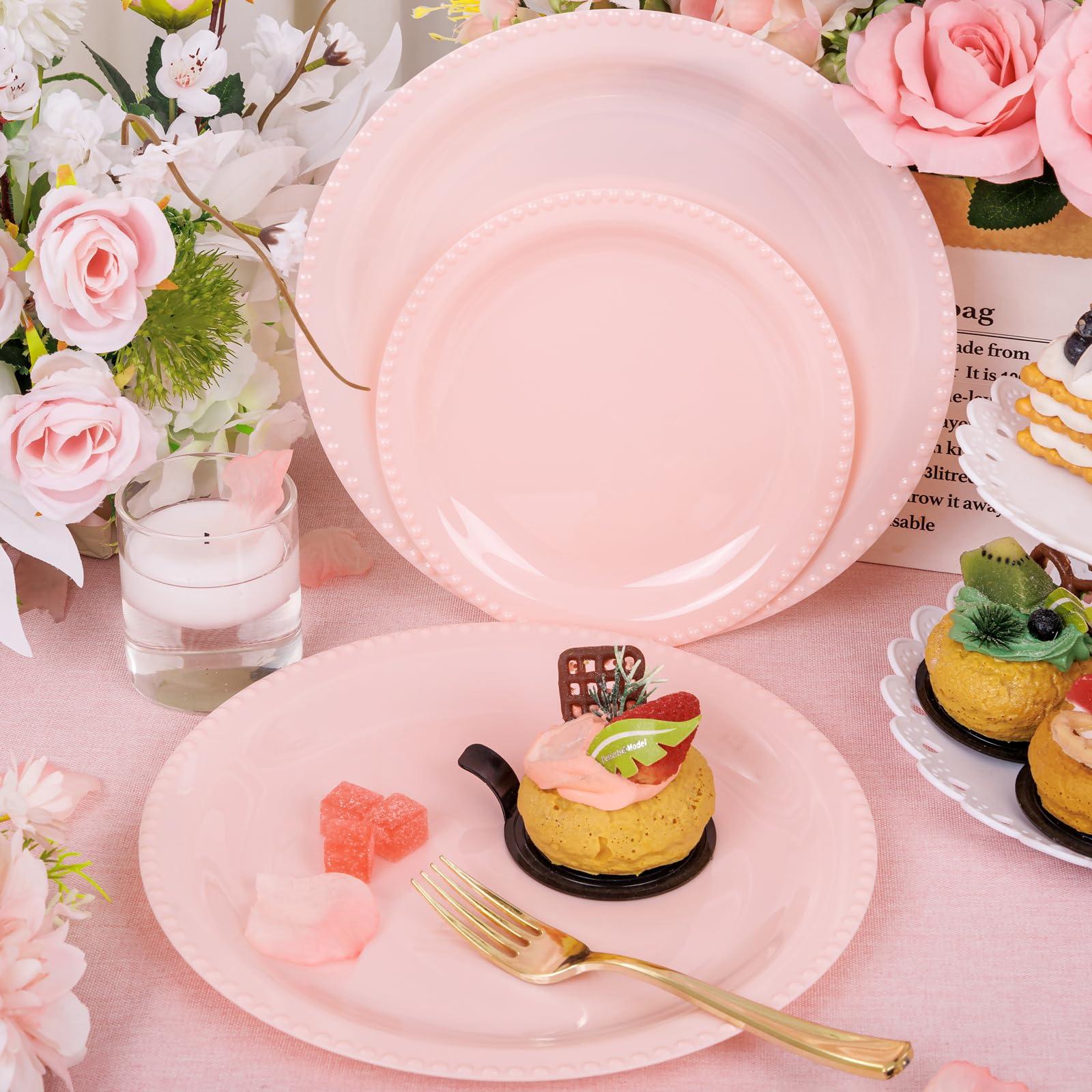 WELLIFE WELLIFE 60PCS Pink Plastic Plates Set-Heavy Duty Pink Plates for Party, Include 30Pcs 10.25inch Pink Dessert Plates, 30Pcs 7.5inch Pink Dinner Plates for Spring Party, Wedding, Mothers Day