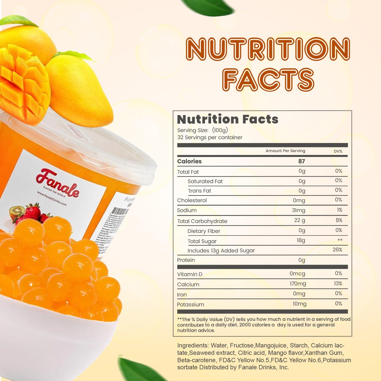 Fanale Fanale Mango Popping Boba Pearls, Vegan, Non GMO, Gluten Free, Fat Free, Perfect for Bubble Tea, Smoothies, Ice Cream, Desserts, and Beverages.