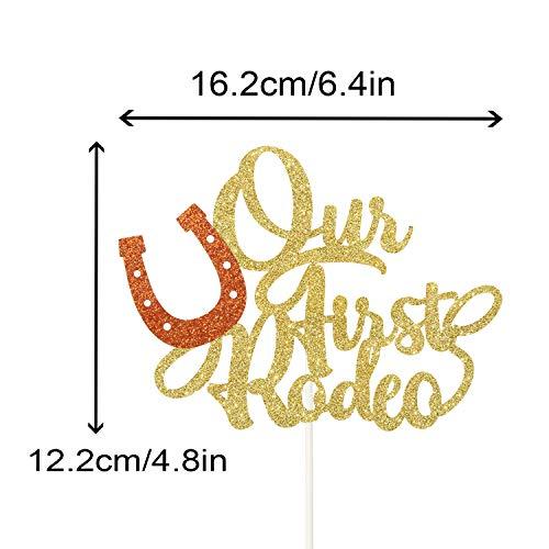 PANHUI Our First Rodeo Cake Topper, Gold Glitter Western Wild Themed Cake Decor,Twins Baby Shower Cowboys/Cowgirls 1st Birthday Party Decoration