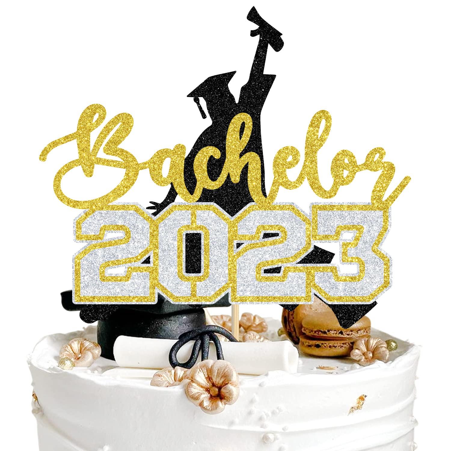 Aeryourtar Congrats Bachelor Cake Topper, 2023 Graduation Cake Topper, Congrats Grad Cake Decorations, College Graduation Party Decorations Supplies, Gold and Black Glitter