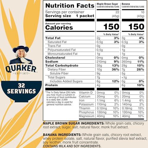 Quaker Quaker Instant Oatmeal, High Fiber 2 Flavor Variety (32 Pack)