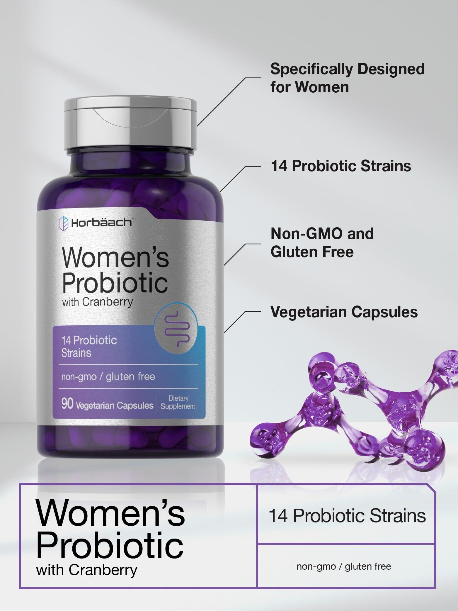 Horbach Horbaach Probiotic for Women with Cranberry | 90 Capsules | 14 Probiotic Strains | Non-GMO, Gluten Free Supplement