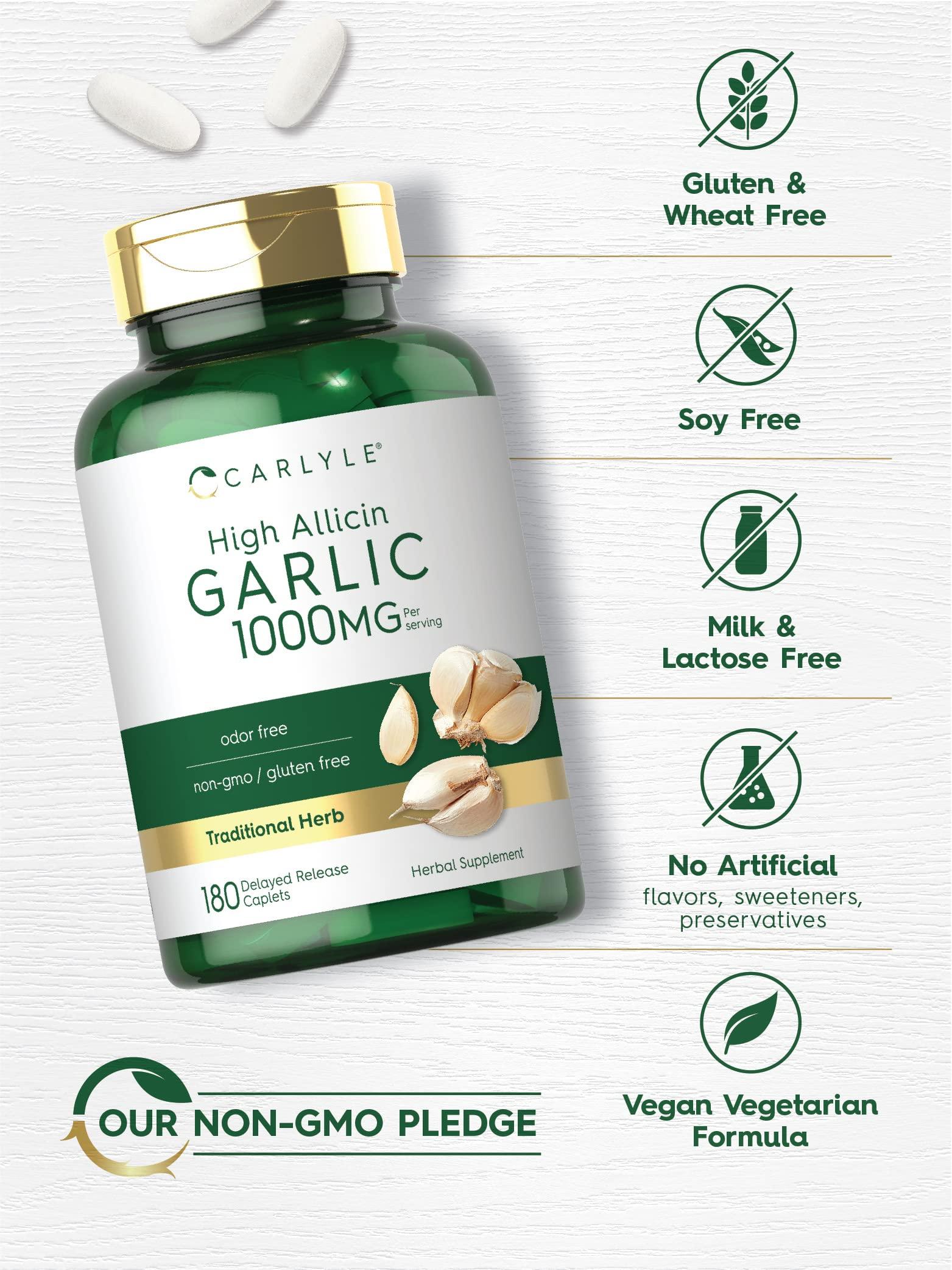 Carlyle Carlyle Garlic Supplement 1000mg | 180 Caplets | Odorless Pills | High Allicin Extract | Vegetarian, Non-GMO & Gluten Free