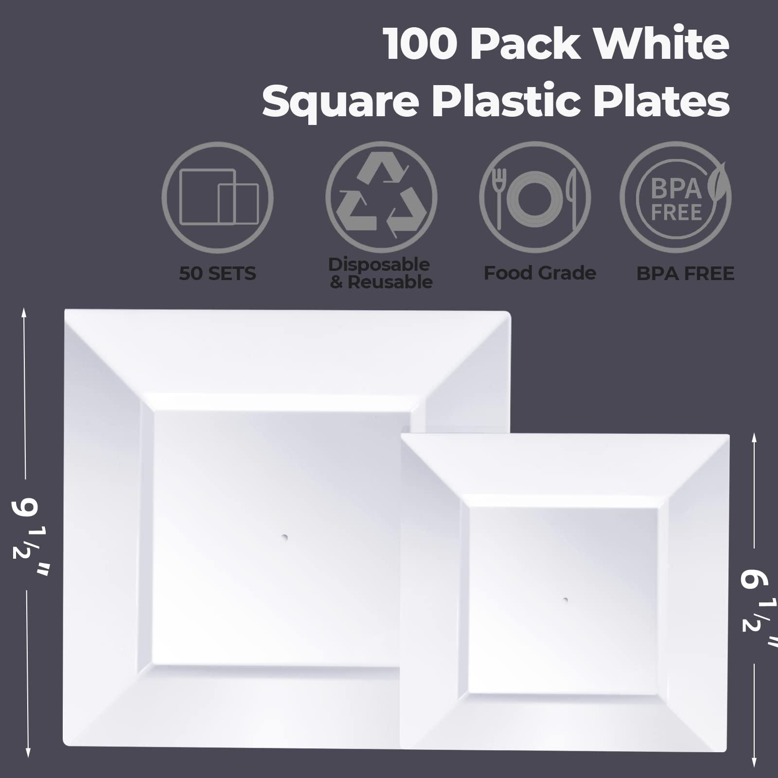 Goodluck Goodluck 100 Pack Disposable Square Plastic Plates, Heavy Duty 50pcs Dinner Plates 9.5\" and 50pcs Dessert Plates 6.5\", Fancy Disposable Plates for Wedding, Holiday Party, Birthday, White