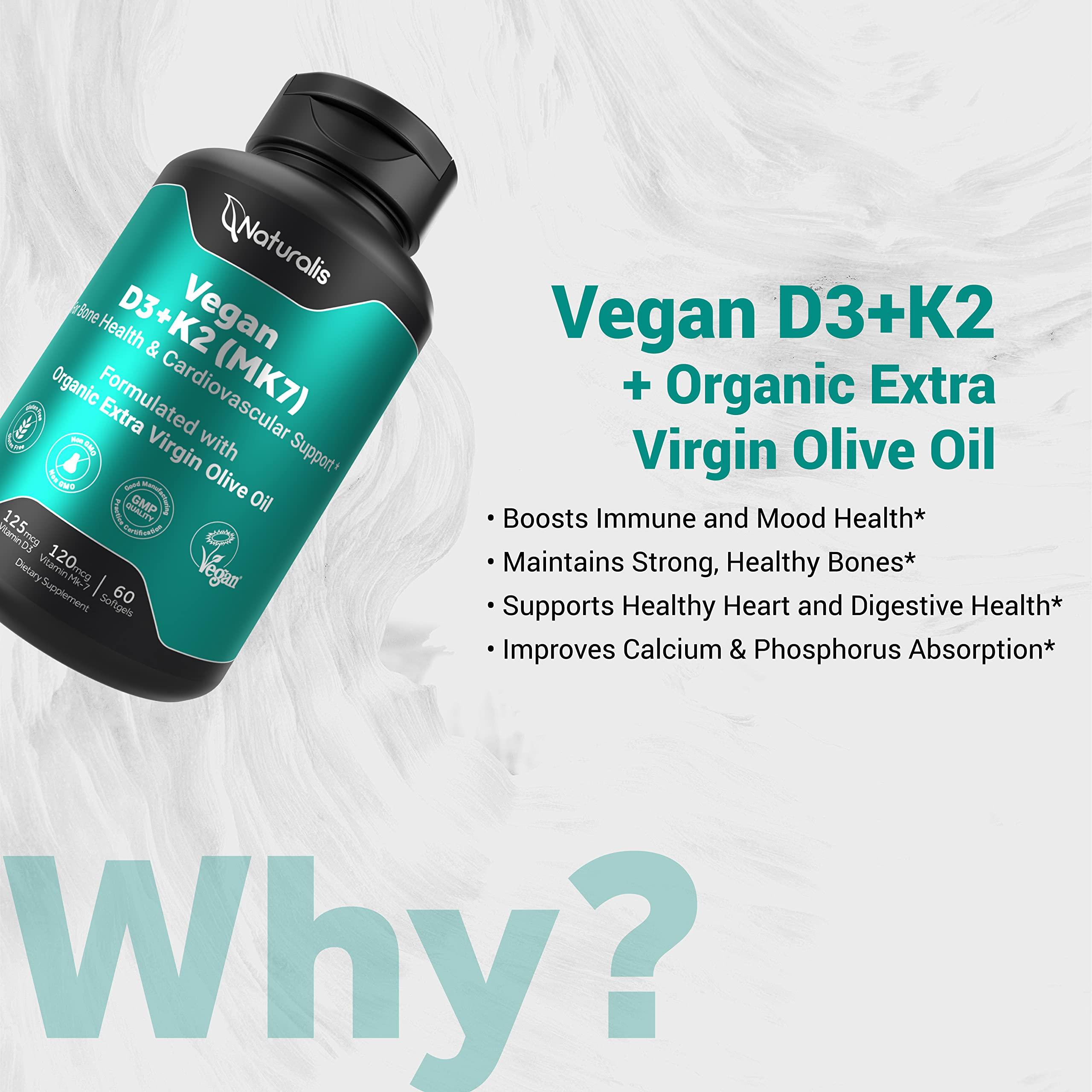 Naturalis Naturalis Vegan Vitamin D3 + K2 from Algae | 5000iu Vitamin D with 120mcg MK7 Vitamin K | Vegan Society Certified, Sustainably Sourced, Better Than Animal Derived | 60 Veggie Softgels