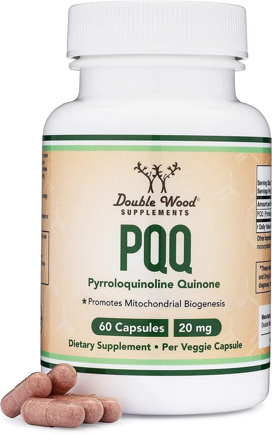Double Wood Supplements PQQ Supplement - 20mg, 60 Capsules (Pyrroloquinoline Quinone) Promotes Mitochondria ATP Coenzyme Levels, Energy Optimizer and Sleep Support (Non-GMO, Gluten Free, Vegan Safe) by Double Wood
