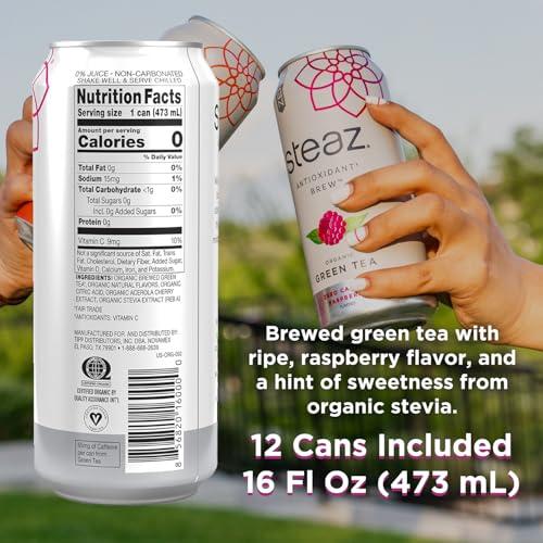 Steaz Steaz - Organic Green Tea - Zero Calorie Raspberry (12 Pack) - Antioxidant Brew - 65mg Natural Caffeine, Vitamin C - Stevia Sweetened Iced Tea - Vegan, Fair Trade - 12 Cans, 16 fl oz (473mL)