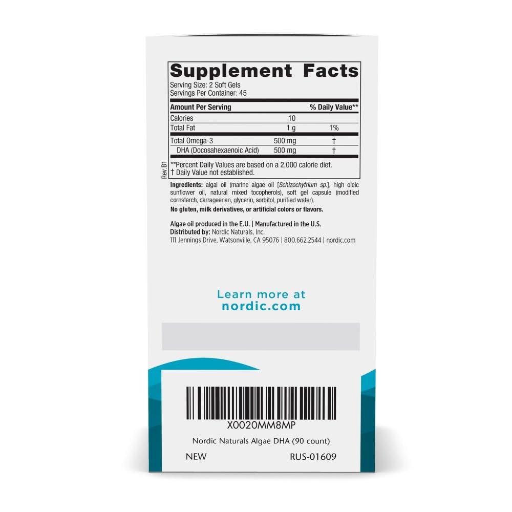 Nordic Naturals Nordic Naturals Algae DHA - 90 Soft Gels - 500 mg Omega-3 DHA - Certified Vegan Algae Oil - Plant-Based DHA - Brain, Eye & Nervous System Support - Non-GMO - 45 Servings