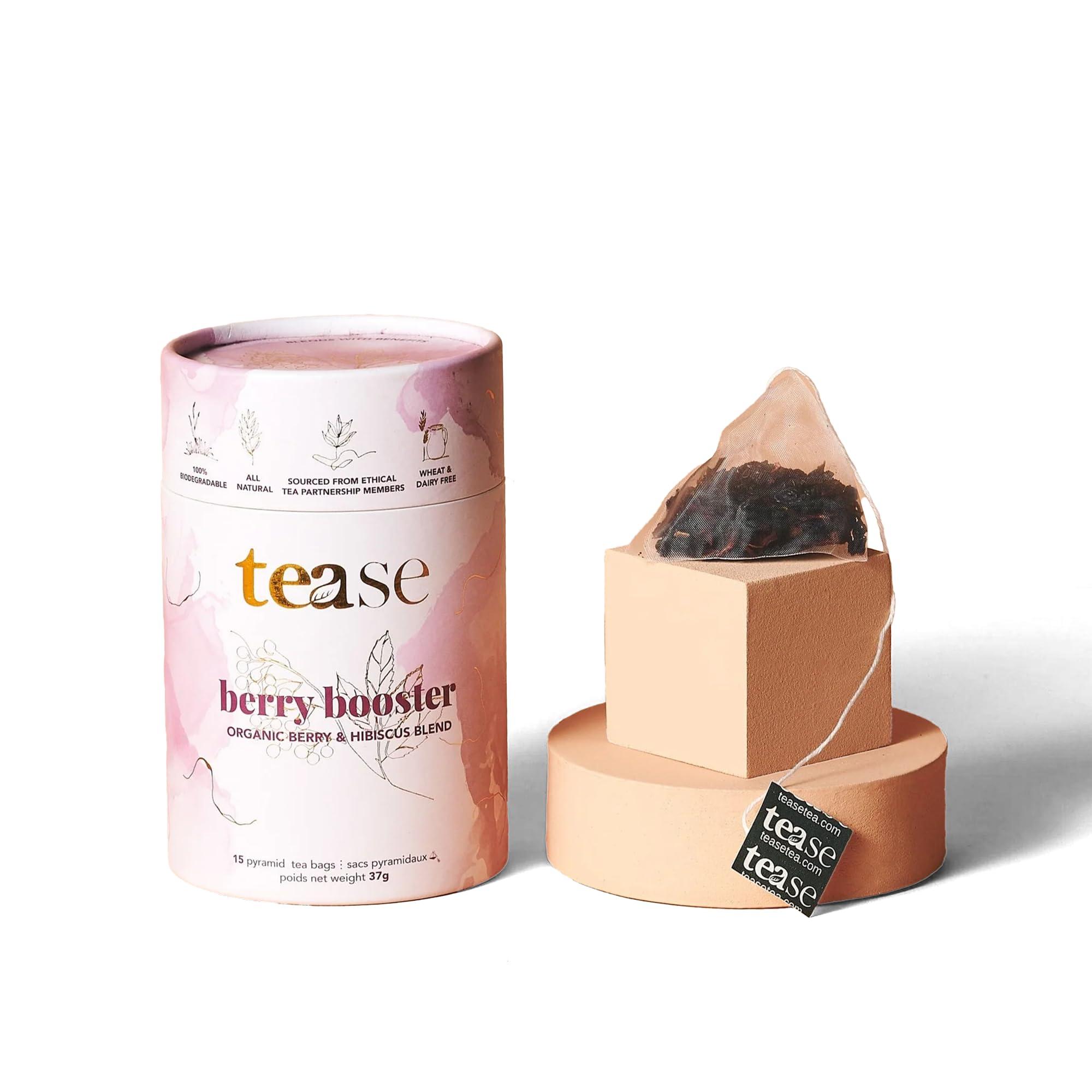 Tease Tease Tea Organic Tea Gift Set | 15 Piece Botanical Pyramid Tea Bag Infuser Sachets Luxury Wellness Tea Lovers Kit Loose Leaf Blend with Elderberry, Currant, Hibiscus Caffeine Free 37g (Berry Booster)