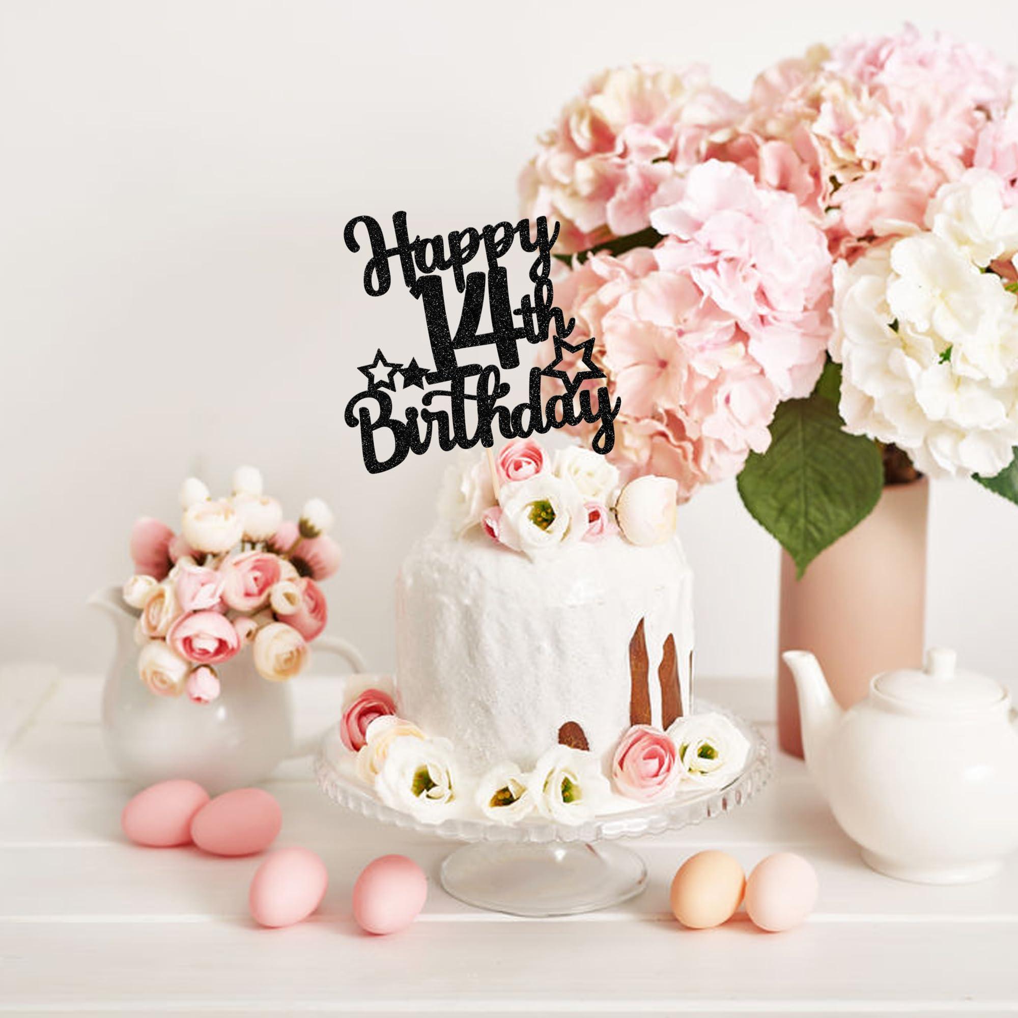 YCTHUNFISH 1 Pack Happy 14th Birthday Cake Topper Glitter Star 14 Fabulous Cake Pick Sweet 14th Cake Decorations for Children 14th Birthday Theme Party Supplies Black