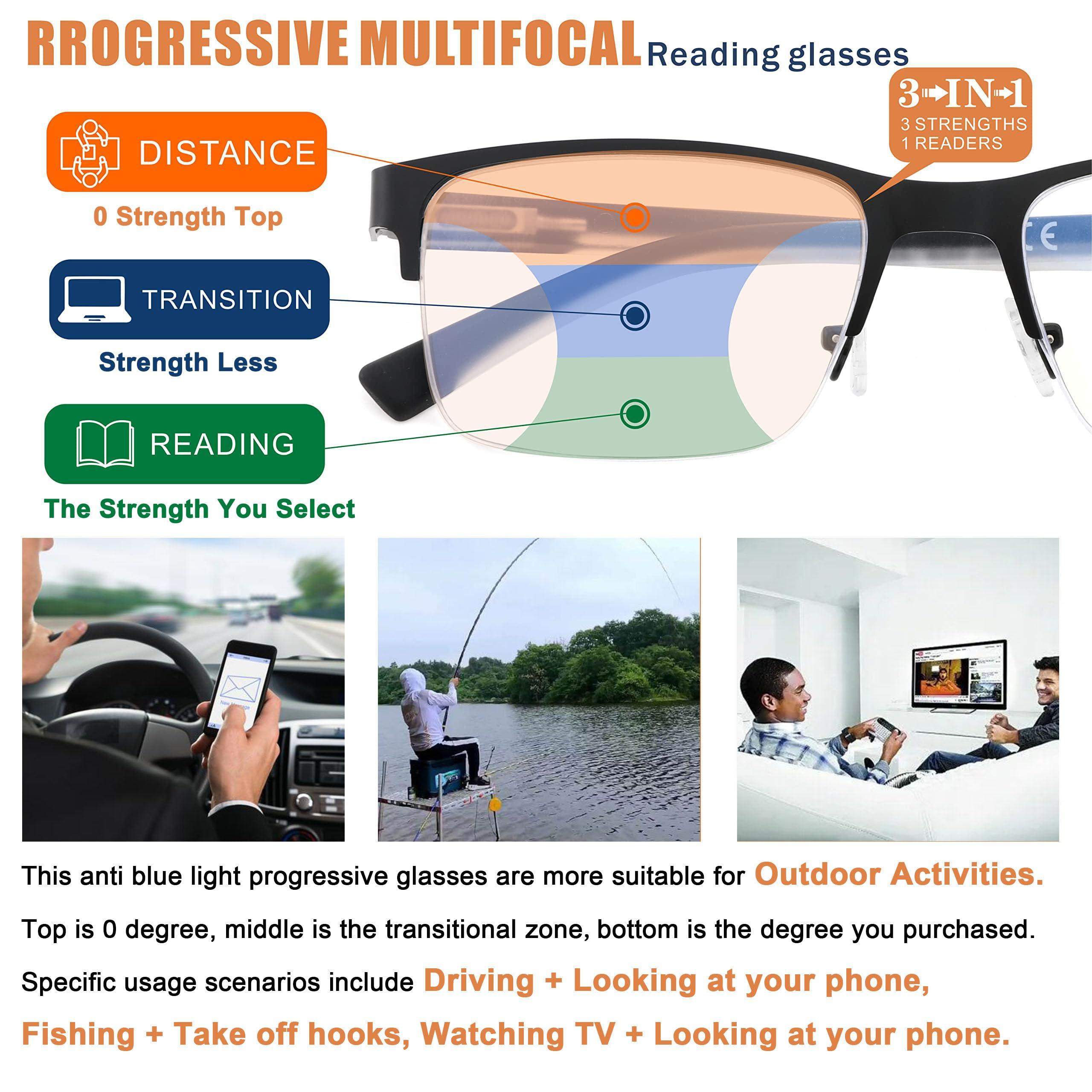 SUNAMOY Multifocus Reading Glasses Men Progressive Multifocal Blue Light Computer Reader Half Frame Metal Extra Wide Eyeglasses No Line Bifocals Large Designer Cheaters Transition Square Eyewear 2packs 1.25