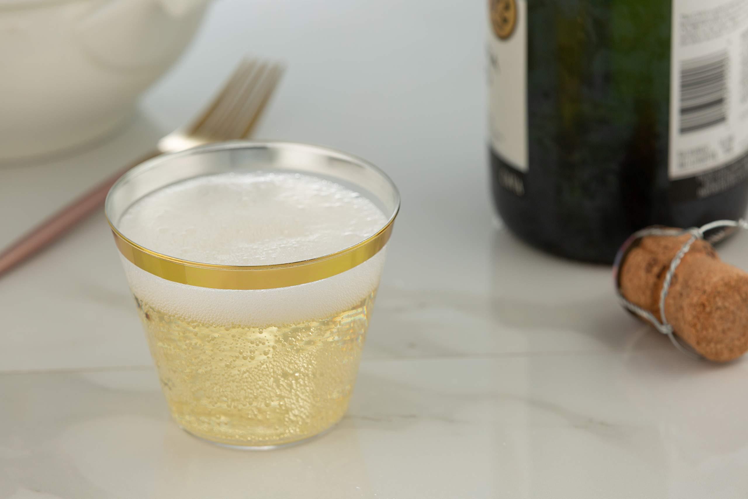 DECPREP Gold Rimmed Clear Cups 9 oz. | Old Fashioned Tumblers | Elegant Plastic Party Cups | Fancy Disposable Wedding Cups | Heavy Duty Gold Rimmed Cups (100 ct)
