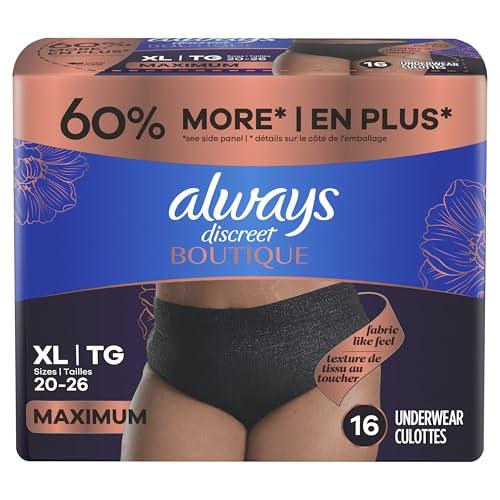 Always Discreet Always Discreet Boutique Incontinence and Postpartum Underwear for Women, Maximum Protection, XL, Black, 16 Count