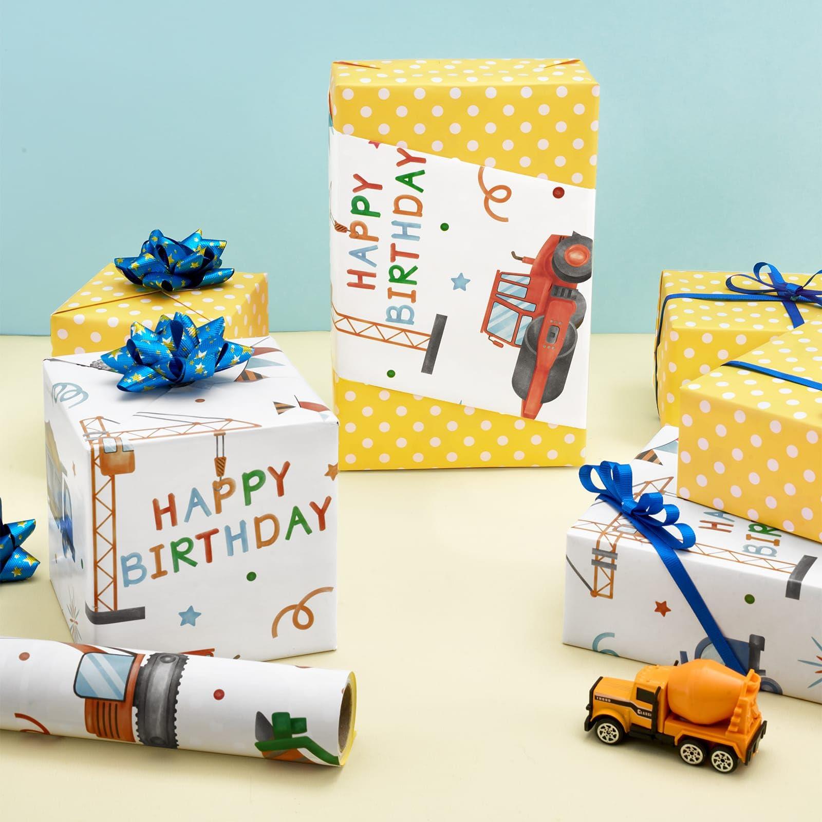 WERNNSAI WERNNSAI Construction Wrapping Paper - 1 Roll 17 x 33 ft Reversible Truck Wrapping Paper Roll Ink Jumbo Roll Birthday Wrapping Paper Roll Kids Boys Construction Party Favor Gift Wrap Polka Dot Design