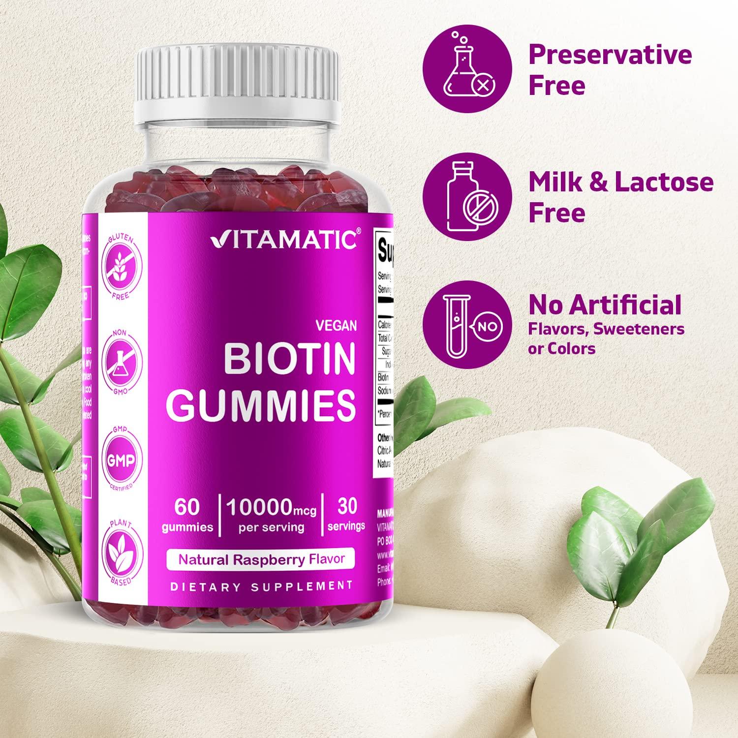 Vitamatic Vitamatic Biotin Gummies 10,000 mcg for Stronger Hair, Skin & Nails - 60 Vegan Gummies - Also Called Vitamin B7 (6 Bottles)