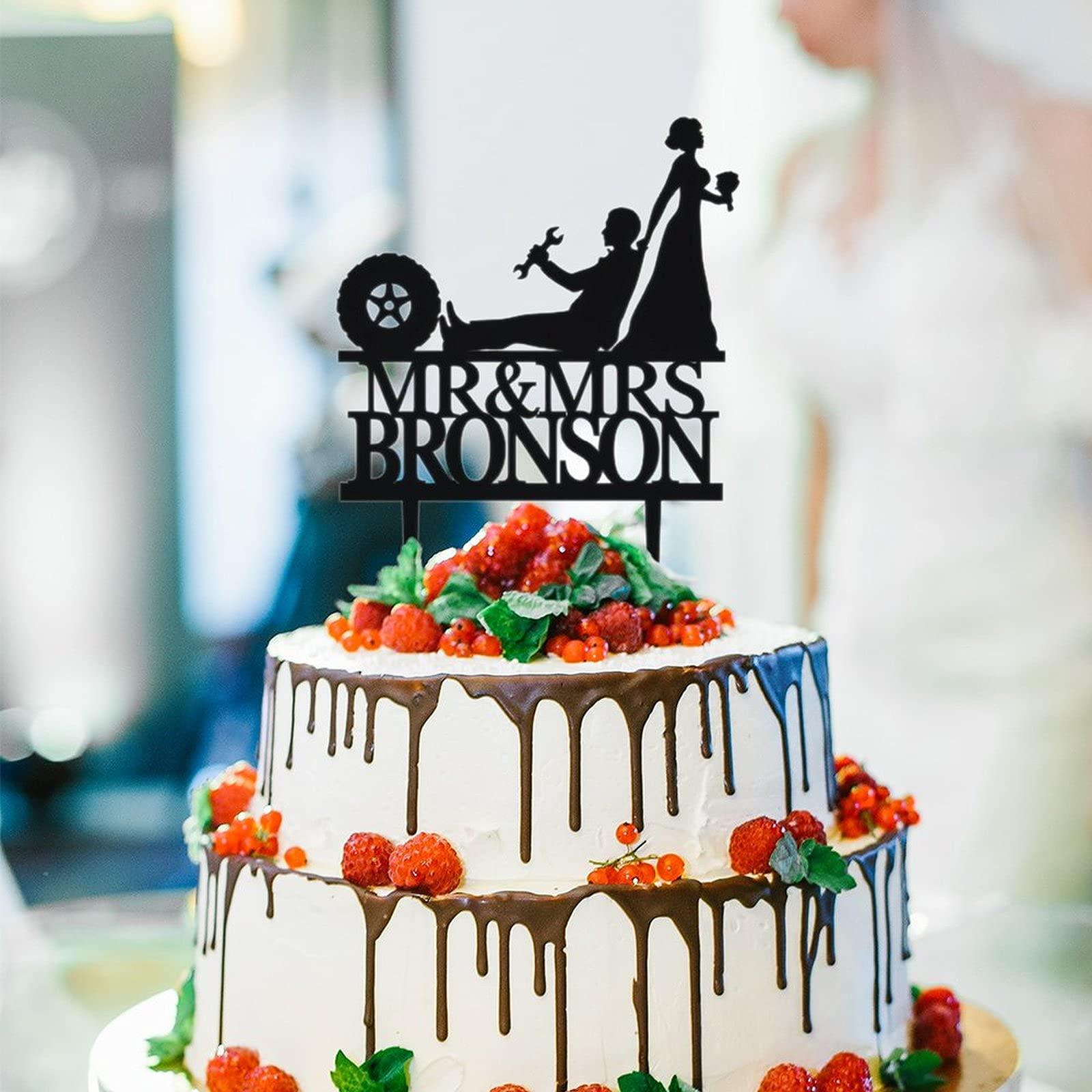 ArogGeld Mechanic Wedding Cake Topper Auto Car Mechanic Vintage Silhouettes Cake Topper Customized Wedding Date Name Bride & Groom Cake Topper for anniversary Engagement Wedding Party Decorations
