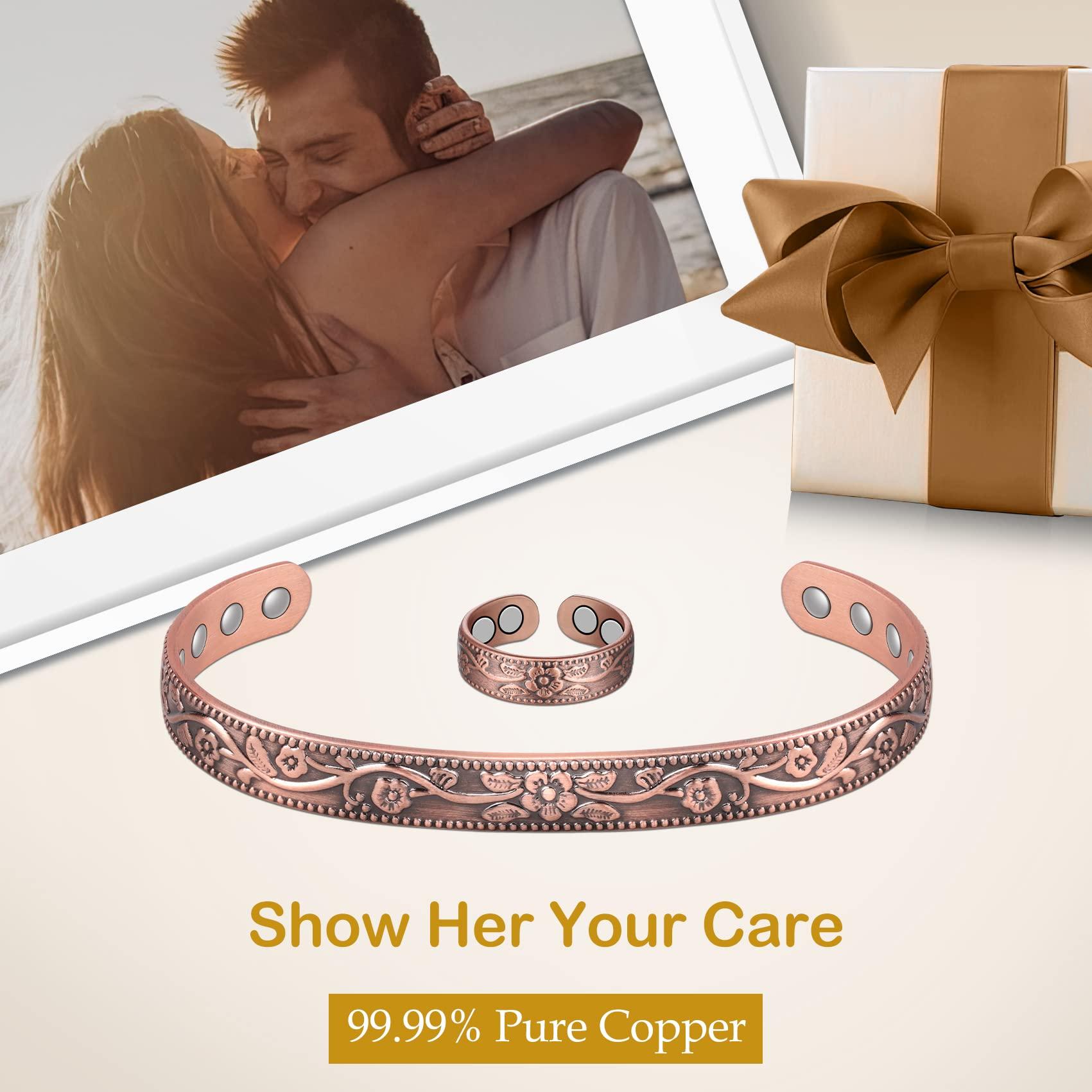 Feraco Feraco Copper Bracelet & Lymphatic Drainage Rings for Women, Vintage Flower Copper Magnetic Cuff Bangle, 99.99% Pure Copper with Neodymium Magnets, Adjustable with Gift Box