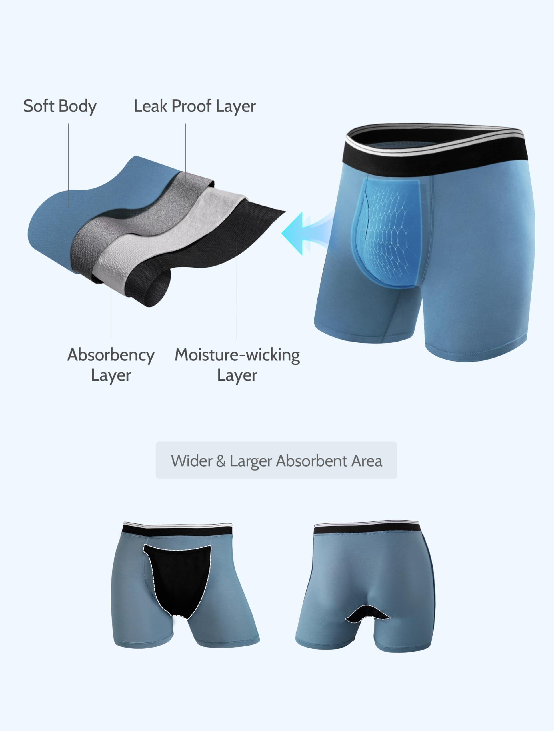 TIICHOO TIICHOO Mens Incontinence Underwear Boxer Briefs Washable Leak Proof Underwear for Men Soft Reusable 3 Pack(Dark Grey/Green/Blue, XX-Large)