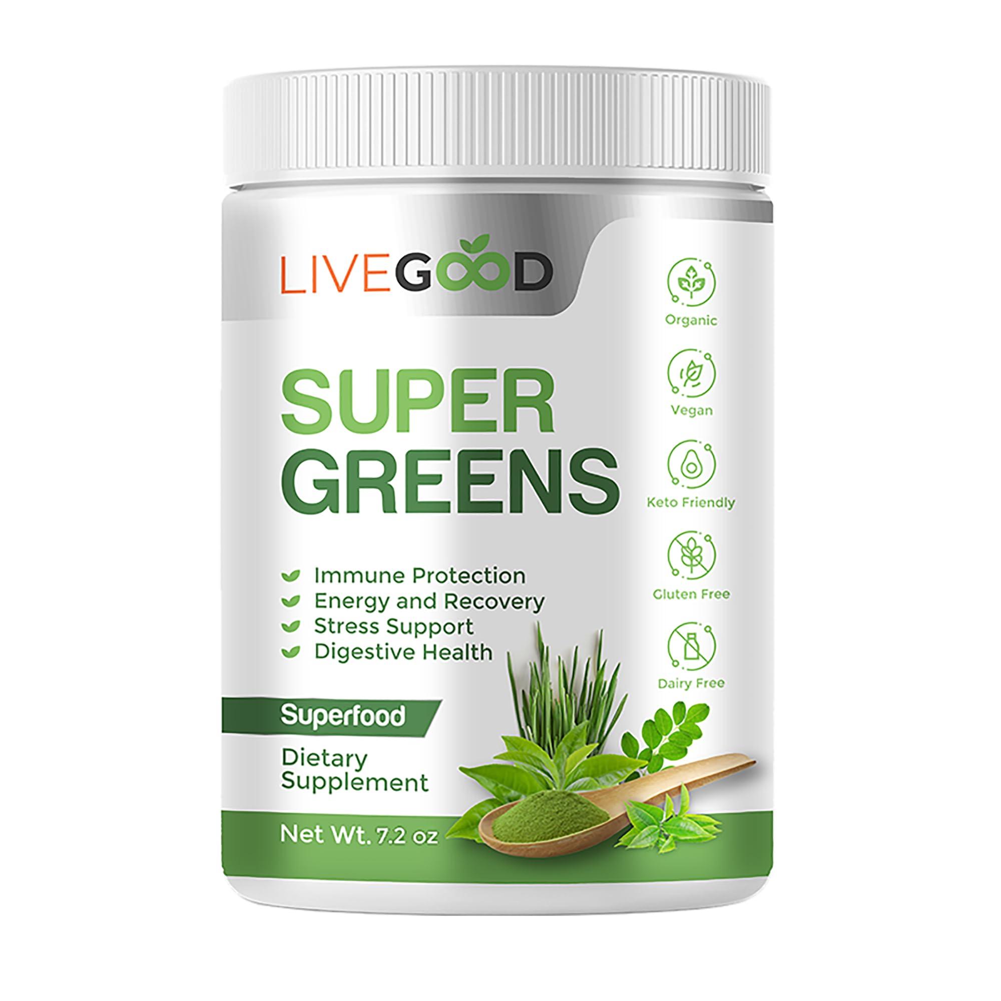 LIVEGOOD LIVEGOOD Organic Super Greens with Wheat, Barley, Oat Grass, Matcha Green Tea, Aloe Vera, Vegan, Gluten Free, 7.2 oz.