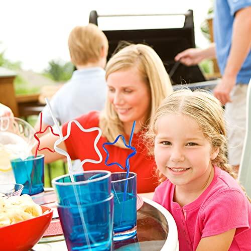 Quera Quera 30 pcs Star Crazy straws 4th of JULY Red White Blue Silly Straws Patriotic Loop Straws Reusable BPA-Free Plastic Drinking Straws Silly Colorful Drinking Straws for Kids Birthday Party Supplies