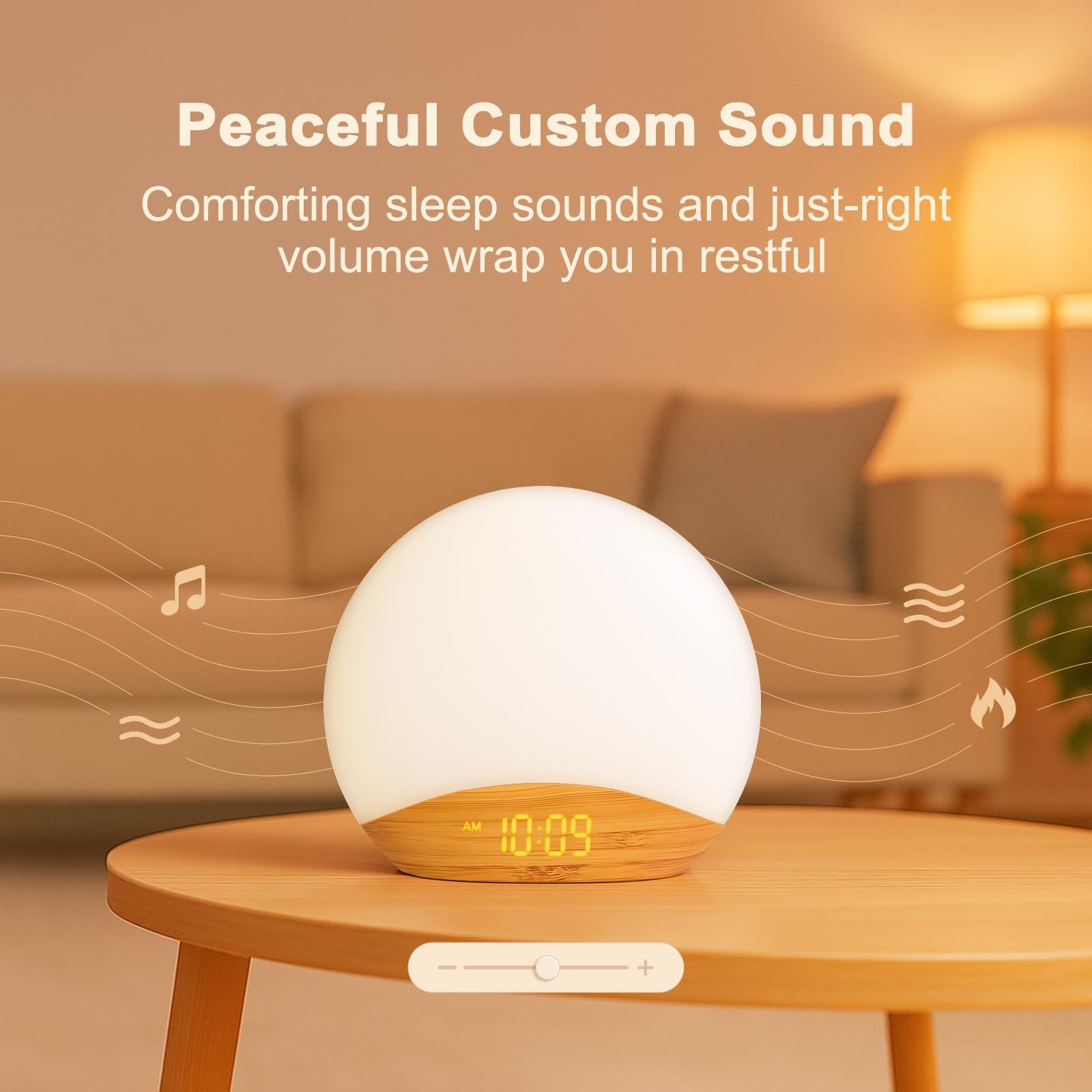 REACHER REACHER Wood Grain Sunrise Alarm Clock and Sound Machine Nightlight, Digital Dimmable Clock for Bedroom, 26 Sleep Sounds, White Noise Machine for Baby, Adults, Wake Up Light Alarm Clock for Kids