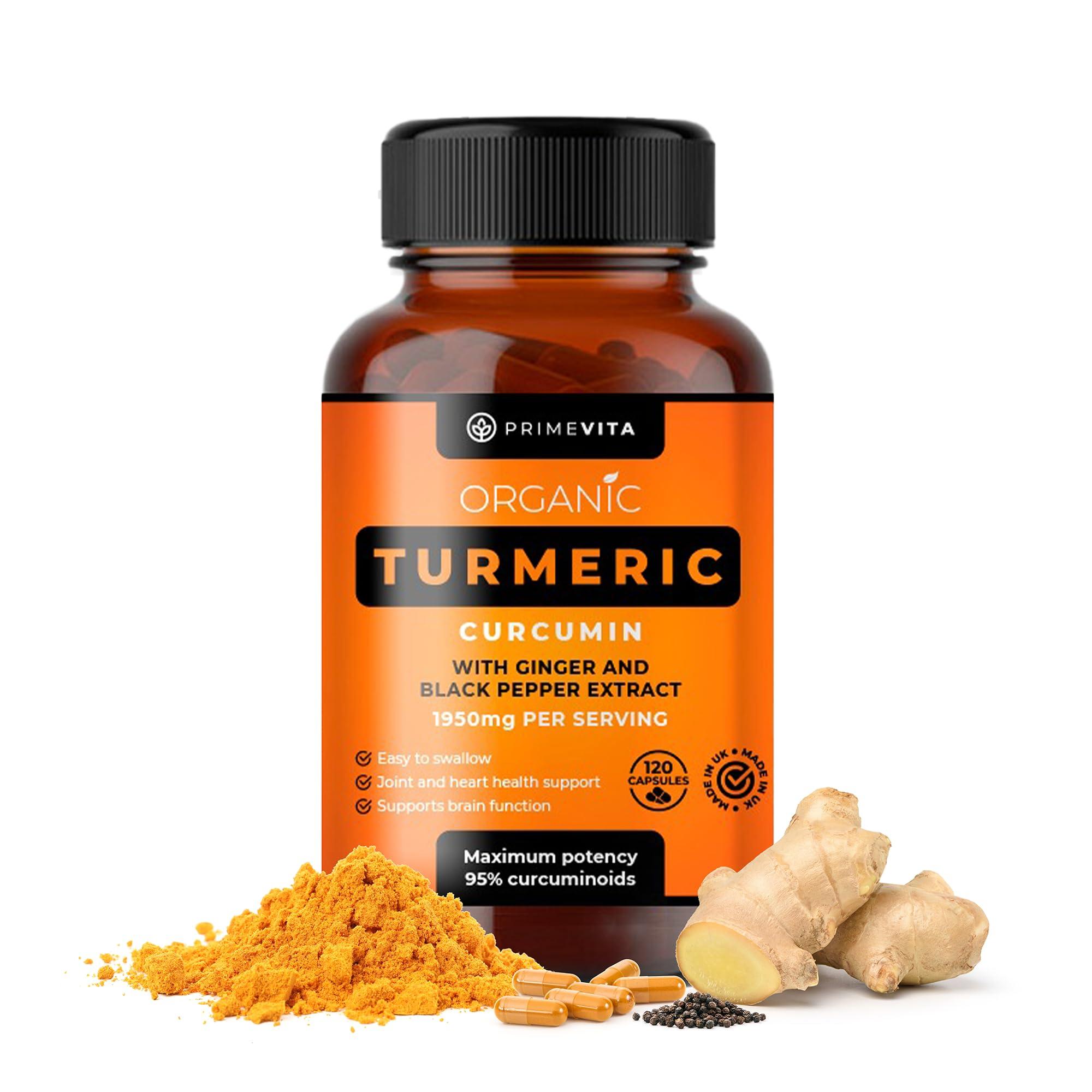 PRIMEVITA PRIMEVITA Organic Turmeric Curcumin 1950mg with Black Pepper, Ginger Supplement - 95% Standardized Curcuminoids - Turmeric Capsules, Natural Skin, Joint Support - Halal, Kosher, Vegan, 120 Capsules
